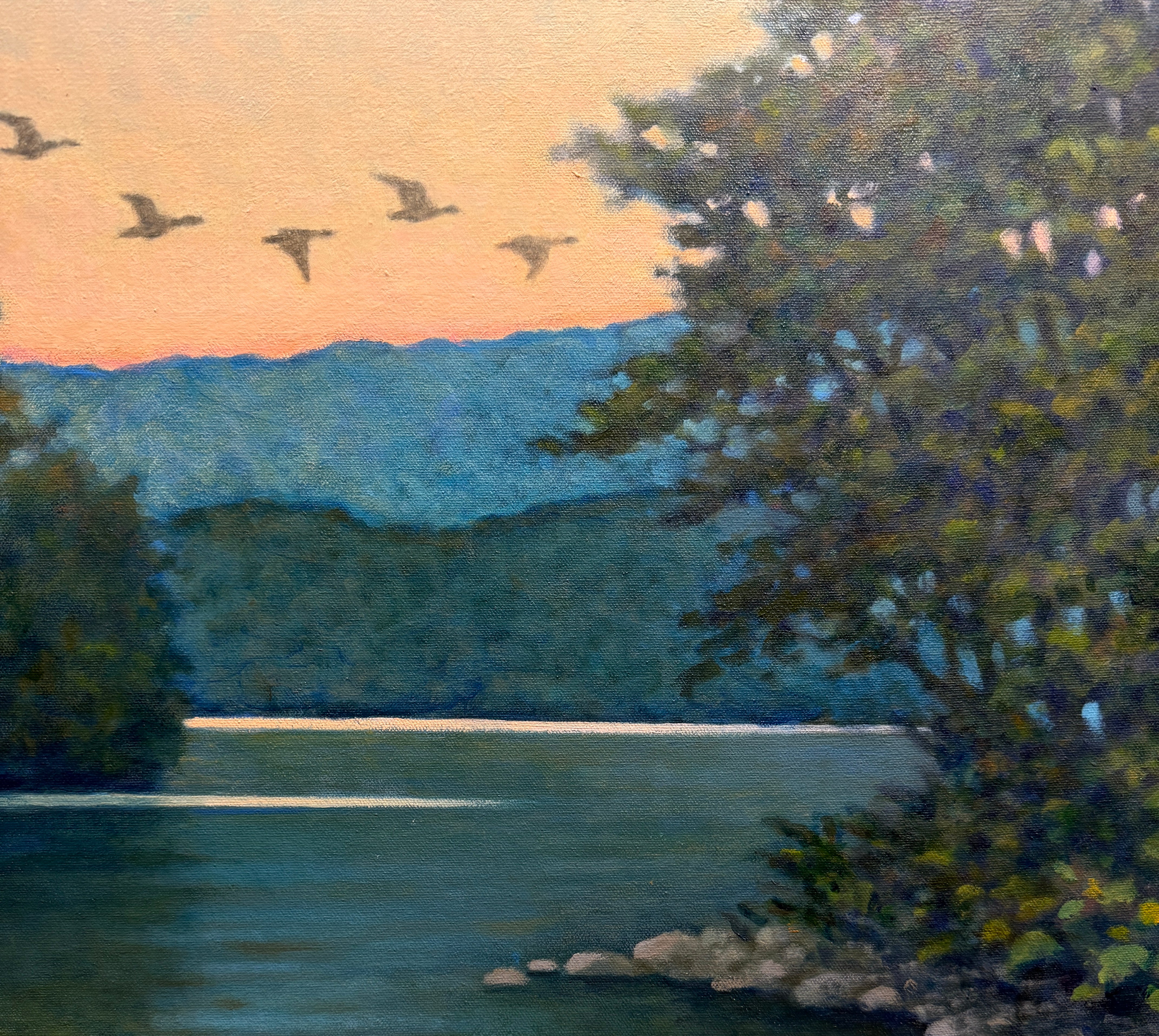 Original oil on canvas waterscape painting from North Carolina painter Janet Green Jacobson with mountains cape trees and river