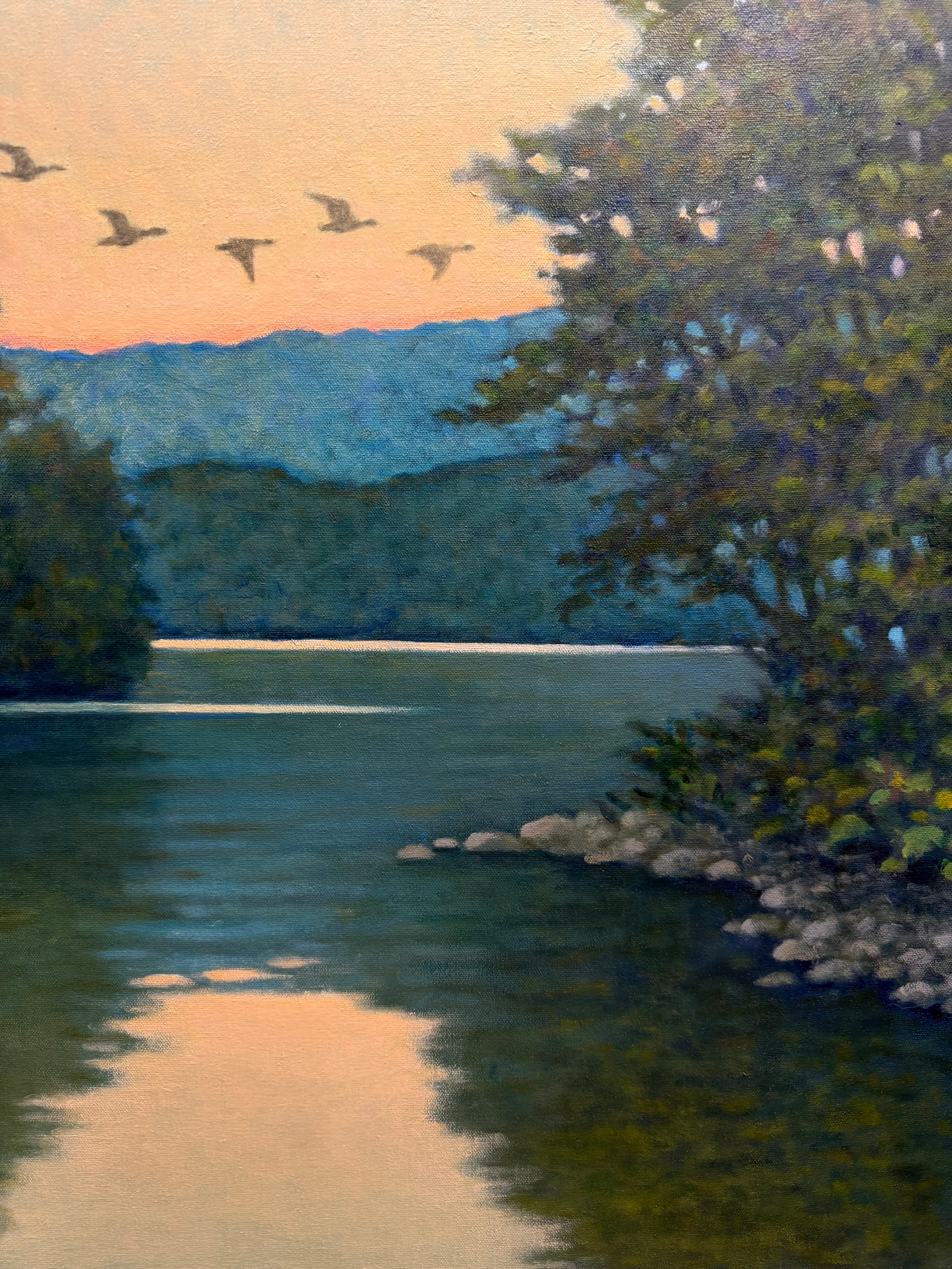 Original oil on canvas waterscape painting from North Carolina painter Janet Green Jacobson with mountains cape trees and river