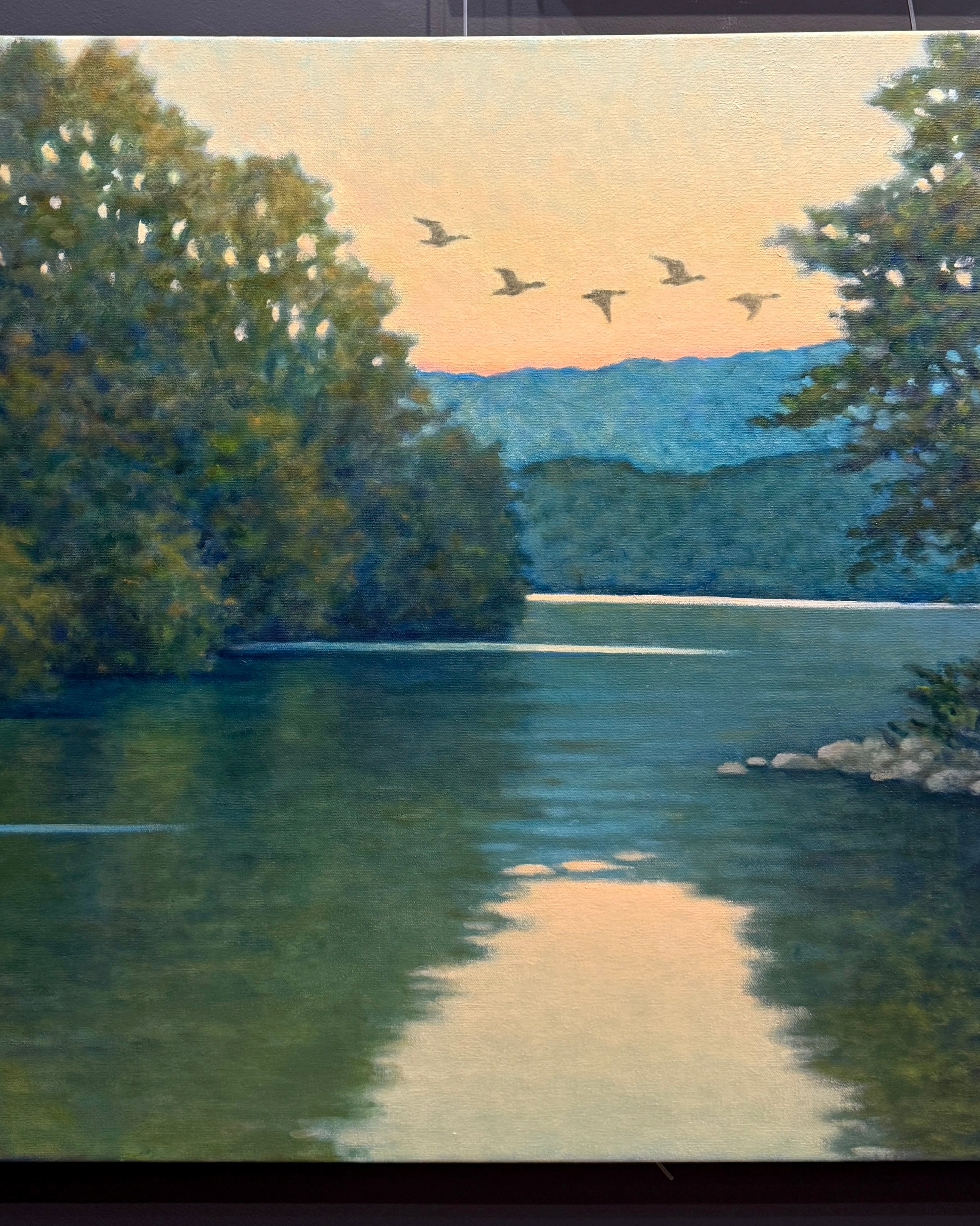 Original oil on canvas waterscape painting from North Carolina painter Janet Green Jacobson with mountains cape trees and river