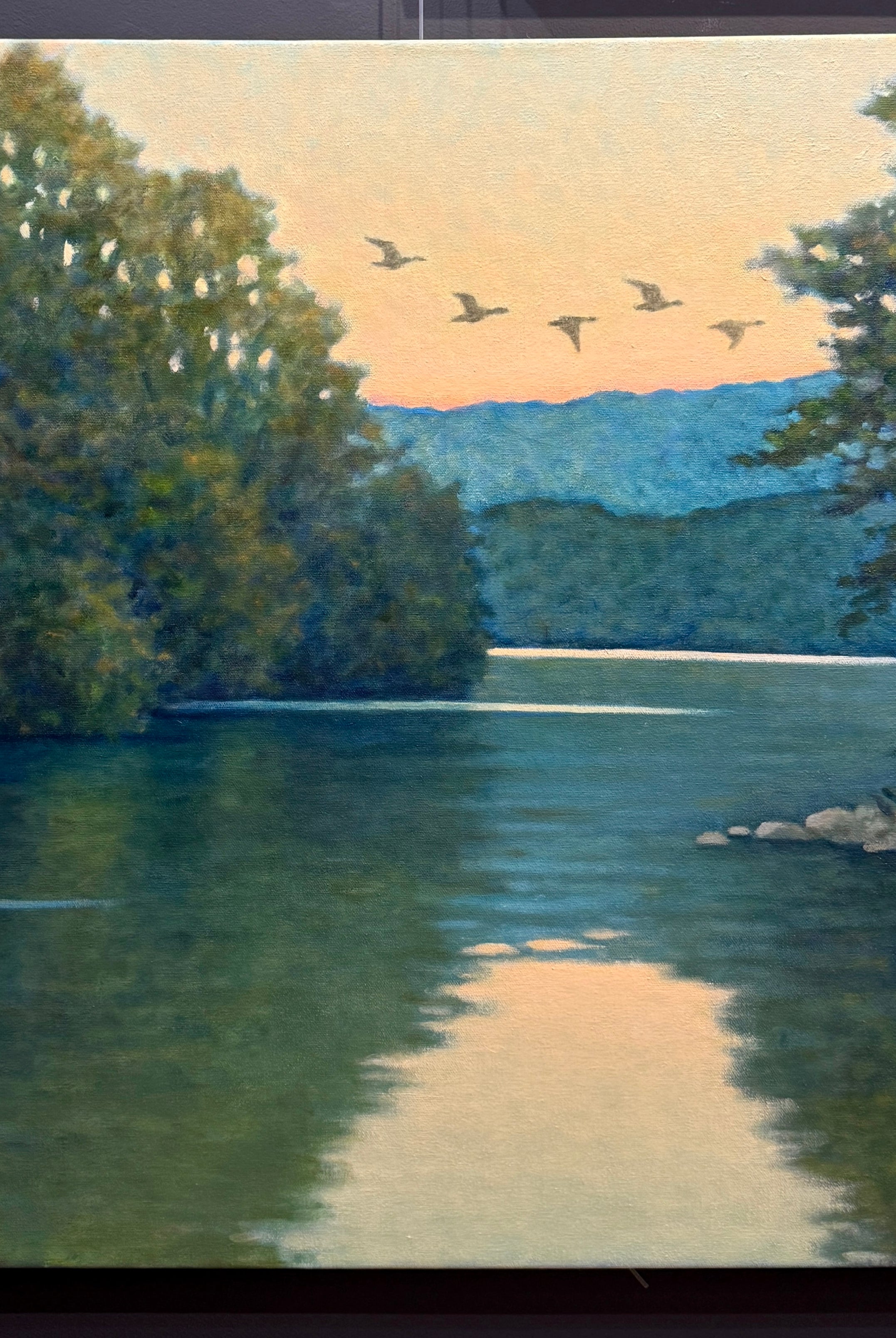 Original oil on canvas waterscape painting from North Carolina painter Janet Green Jacobson with mountains cape trees and river