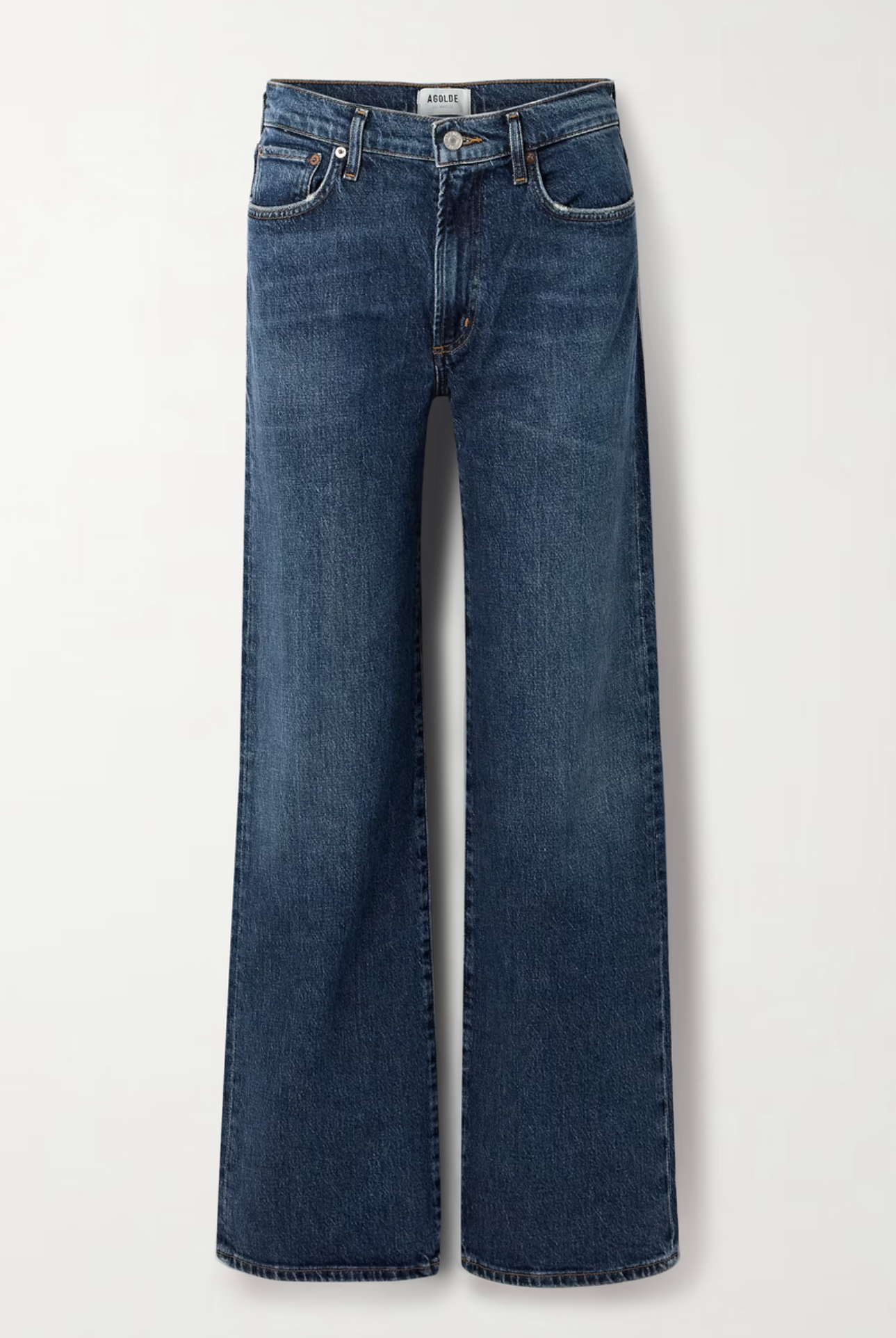 Agolde harper denim in reissue wash that is not distressed, full length with a finished hem that can easily be dressed up or down