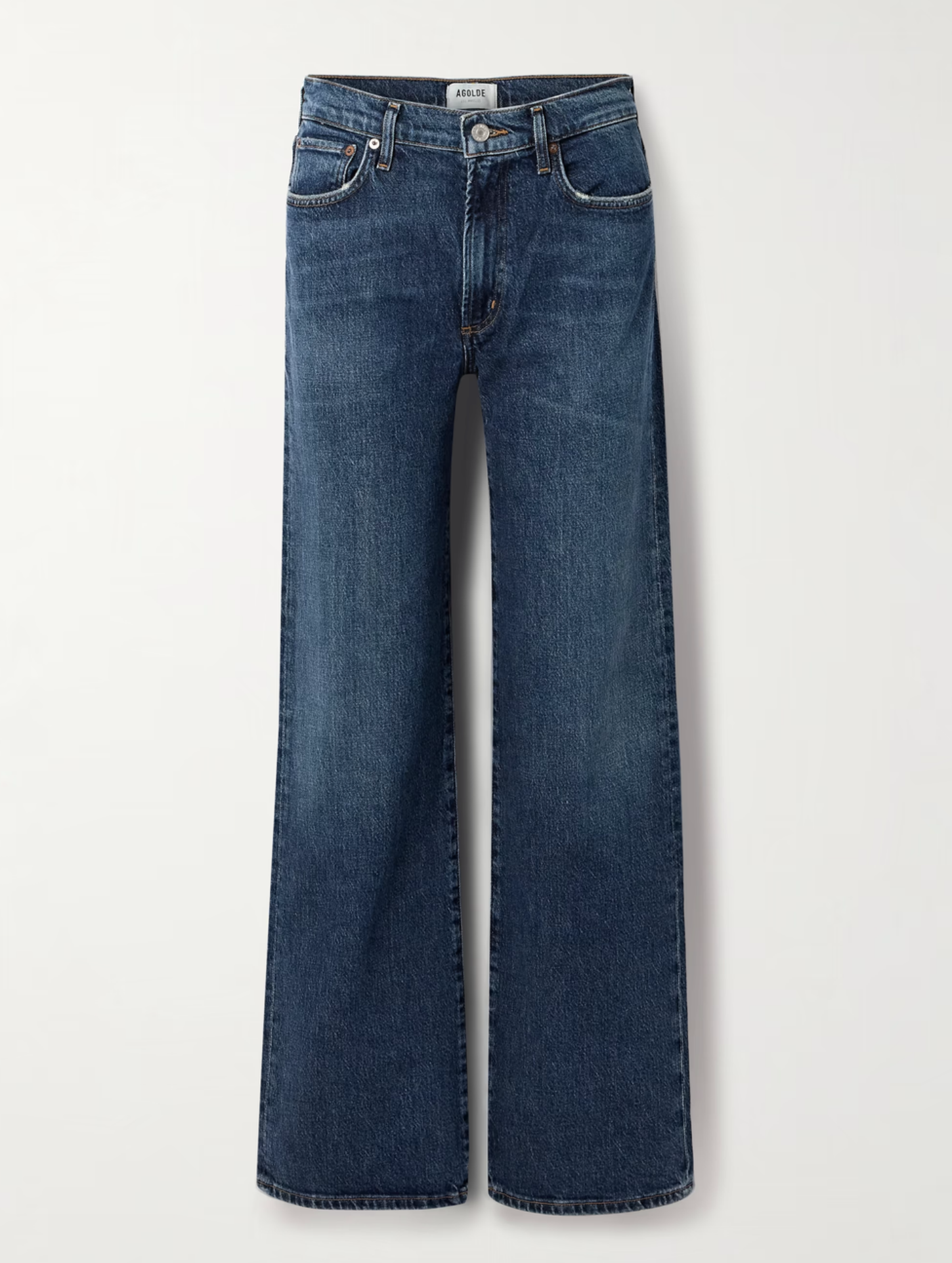 Agolde harper denim in reissue wash that is not distressed, full length with a finished hem that can easily be dressed up or down