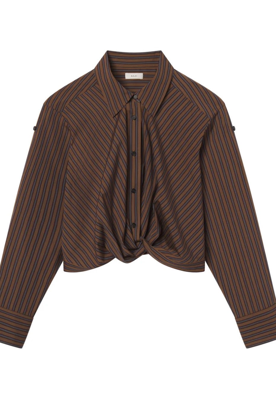 Model wearing the cotton ALC Leo button down shirt with brown and blue stripes and crop twist front