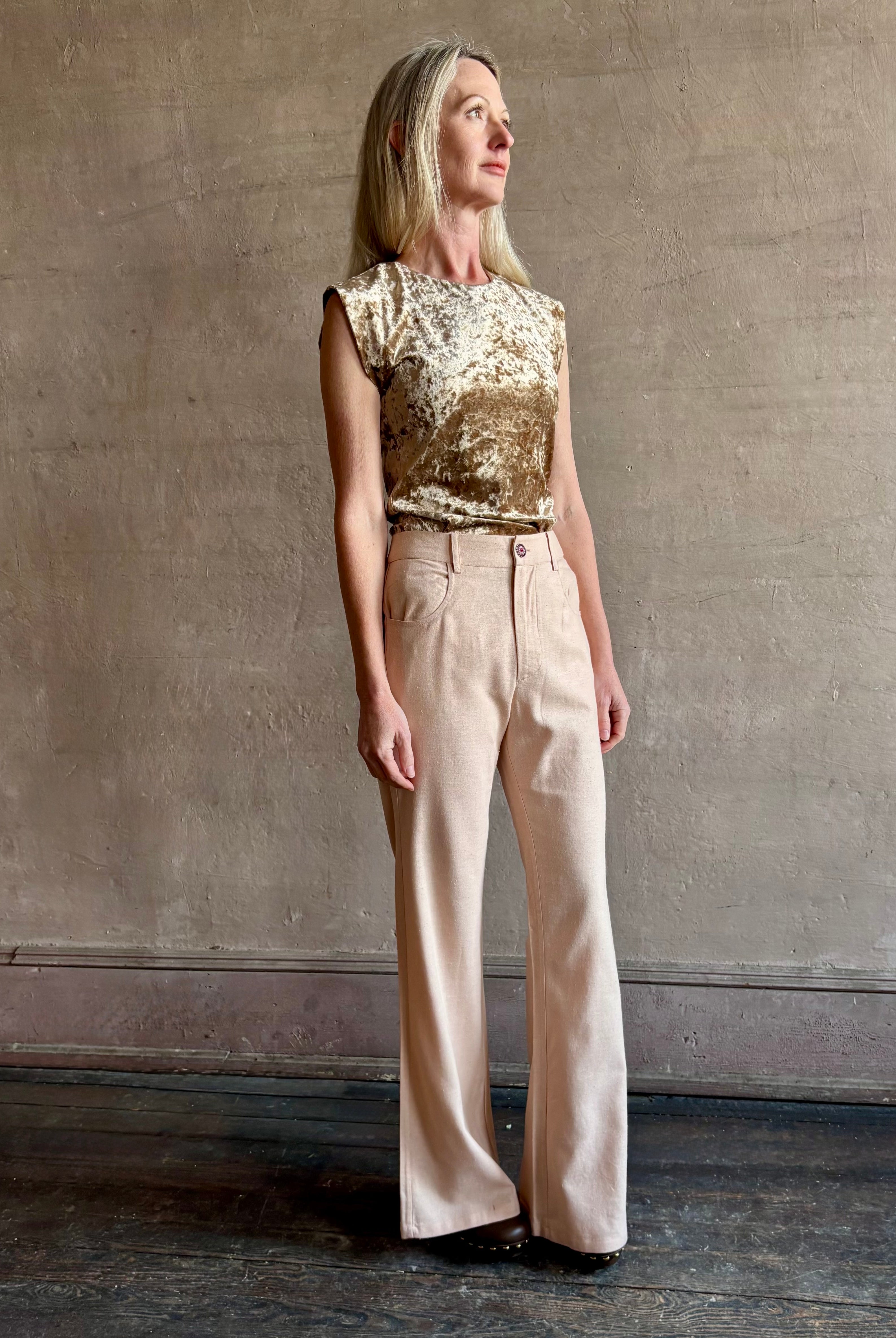 Image of mature woman wearing ALIX OF BOHEMIA elevated casual wear matte silk Bunny Jean in subtle Light Pink Blush tone