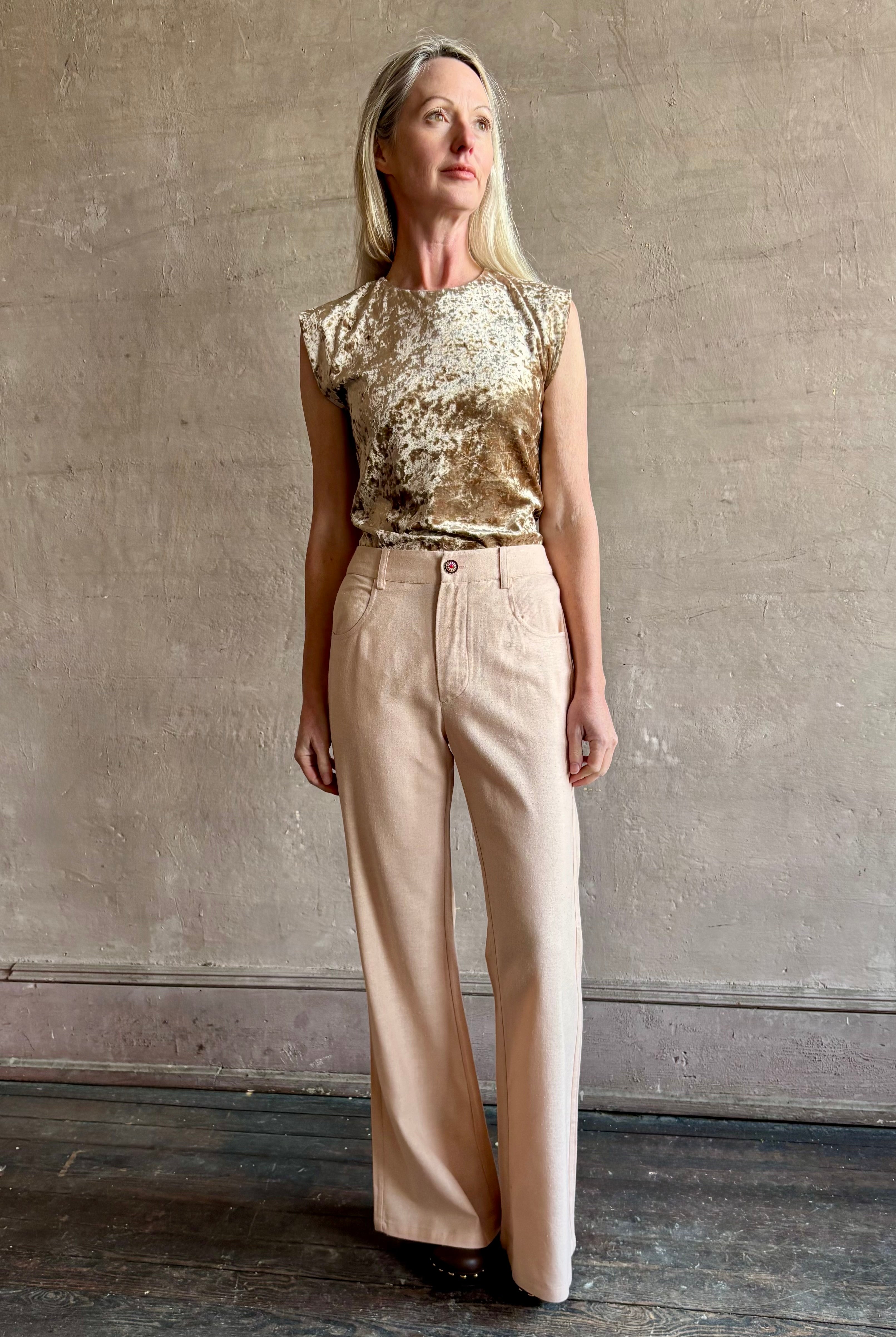 Image of woman wearing ALIX OF BOHEMIA elevated casual wear matte silk Bunny Jean with hand-made pottery button