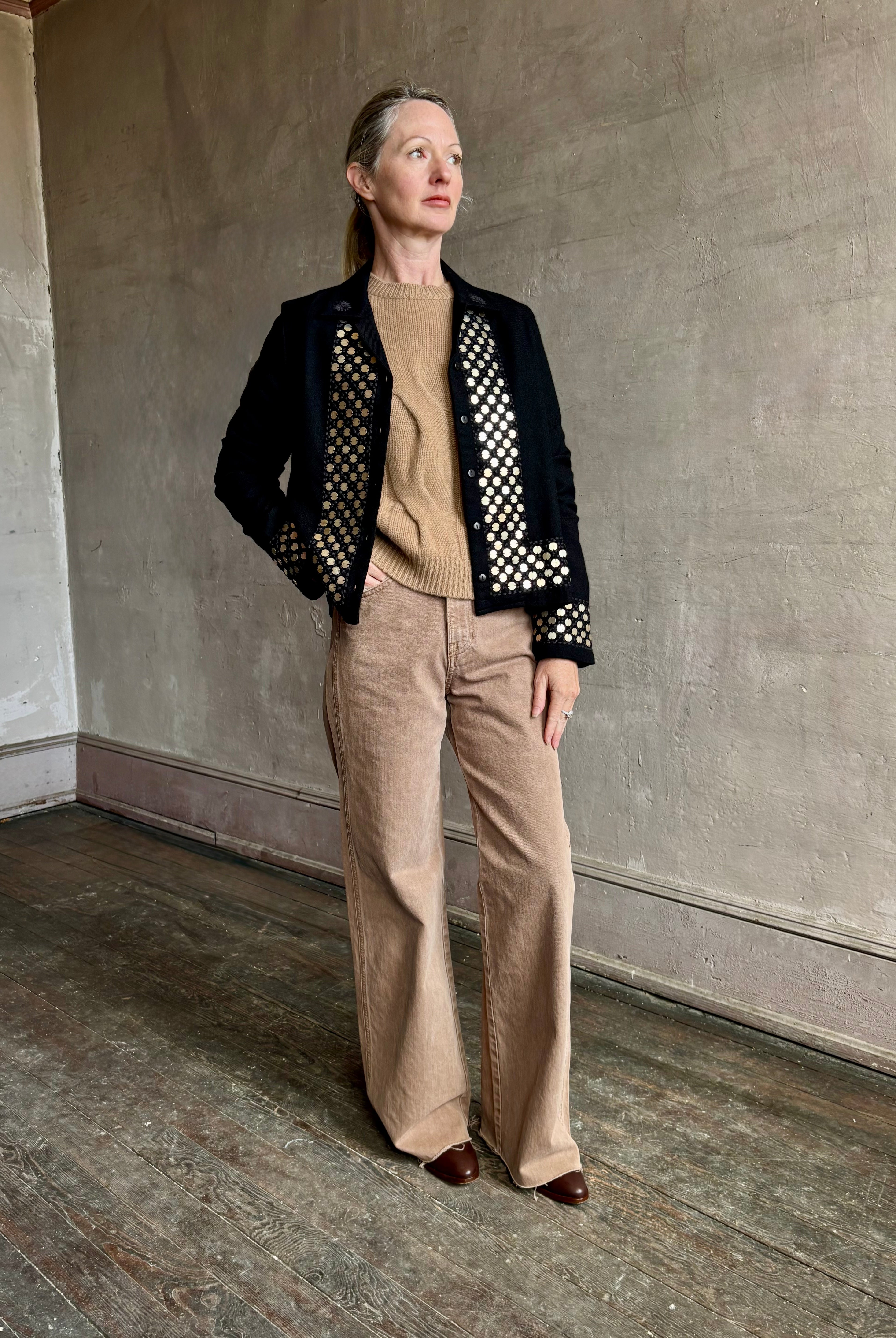 Image of woman wearing Alix of Bohemia premium wool Pippa Spur button down open as a luxury layering shacket for elevated style