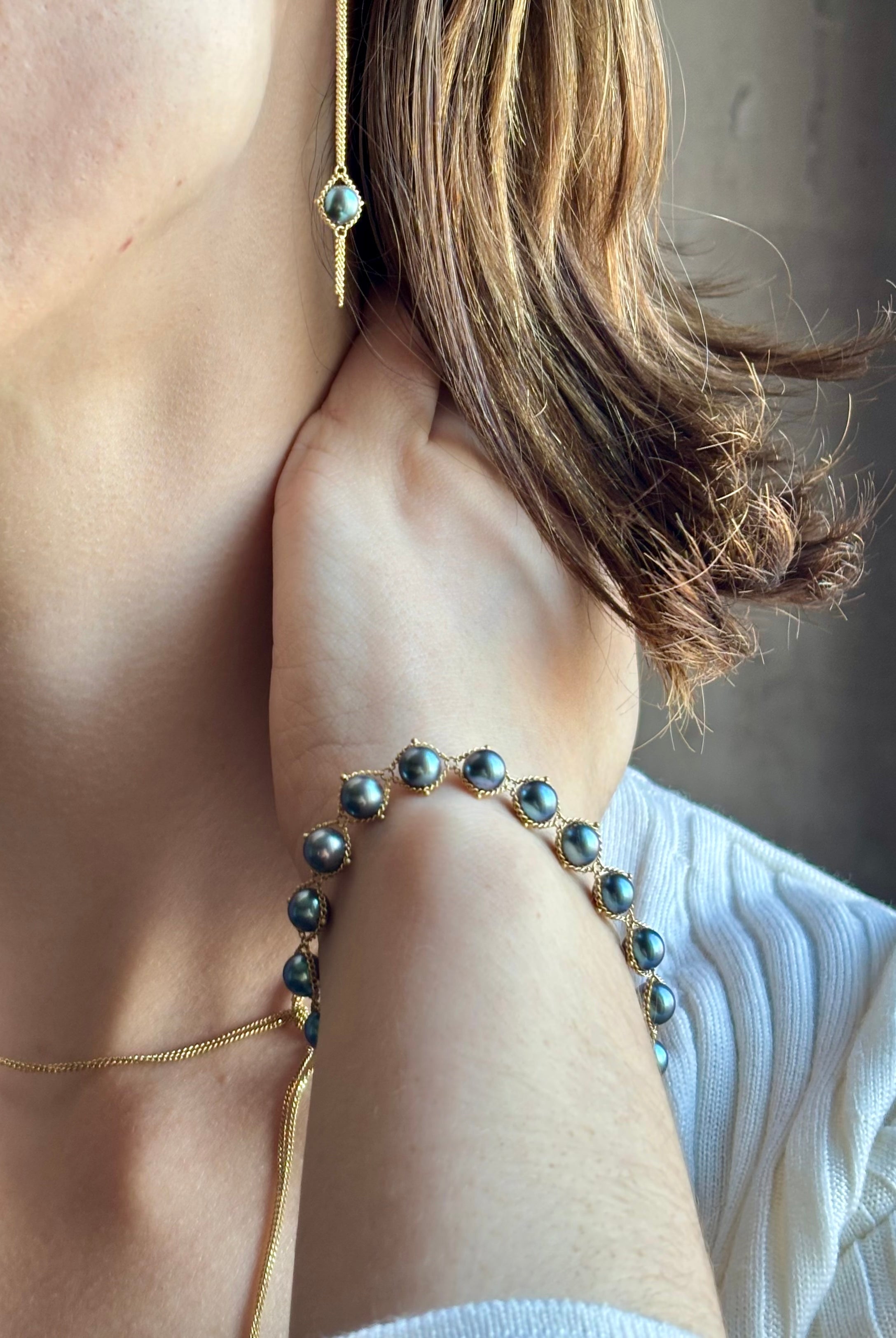 The Blue Akoya Pearl Bracelet from Amali fine jewelry piece that celebrates the rare beauty of blue Akoya pearls in refined 18K gold setting and handcrafted in New York