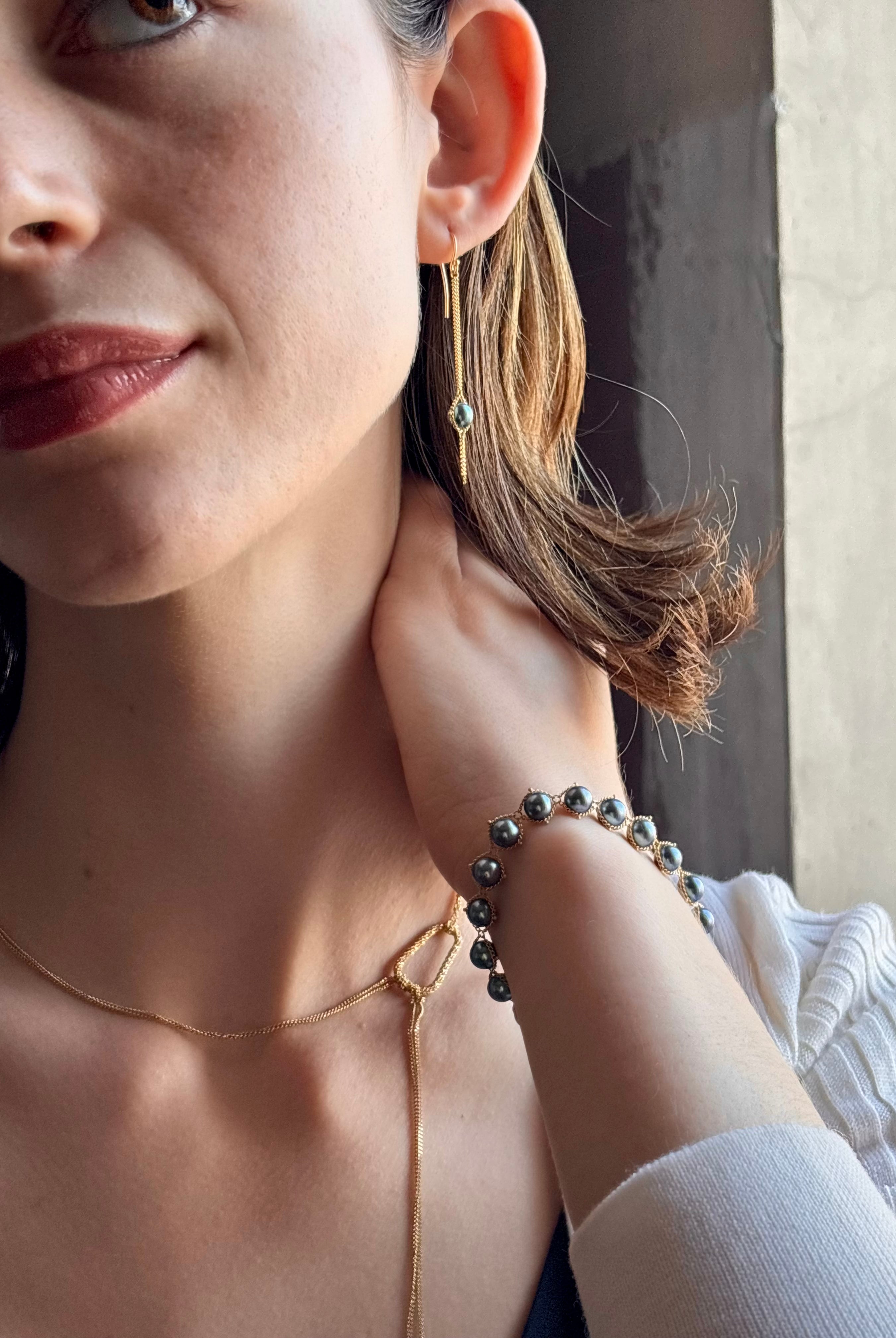 The Blue Akoya Pearl Bracelet from Amali fine jewelry piece that celebrates the rare beauty of blue Akoya pearls in refined 18K gold setting and handcrafted in New York