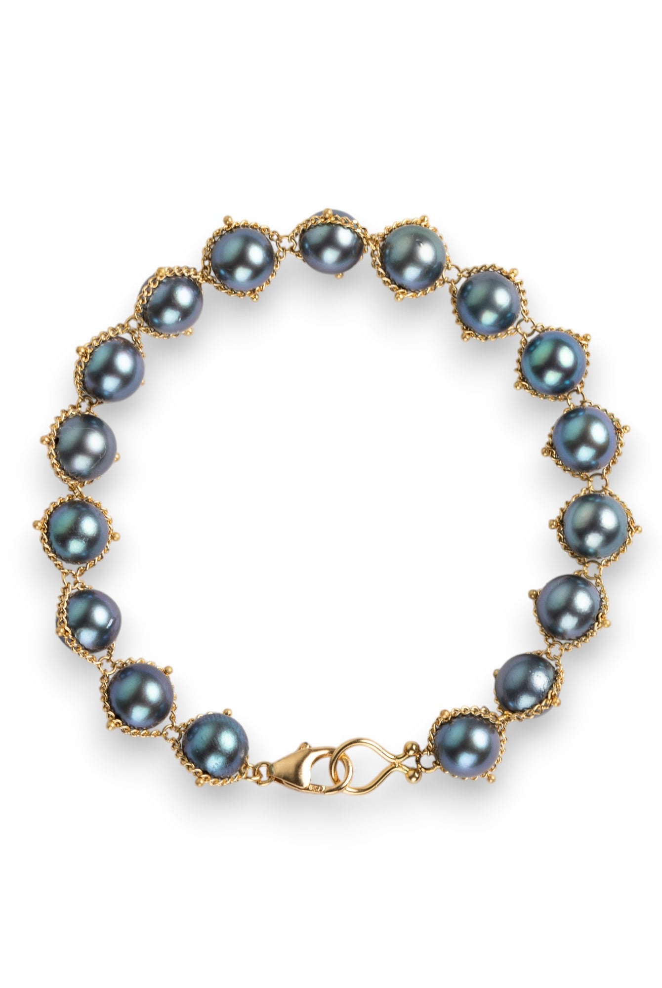 The Blue Akoya Pearl Bracelet from Amali fine jewelry piece that celebrates the rare beauty of blue Akoya pearls in refined 18K gold setting and handcrafted in New York