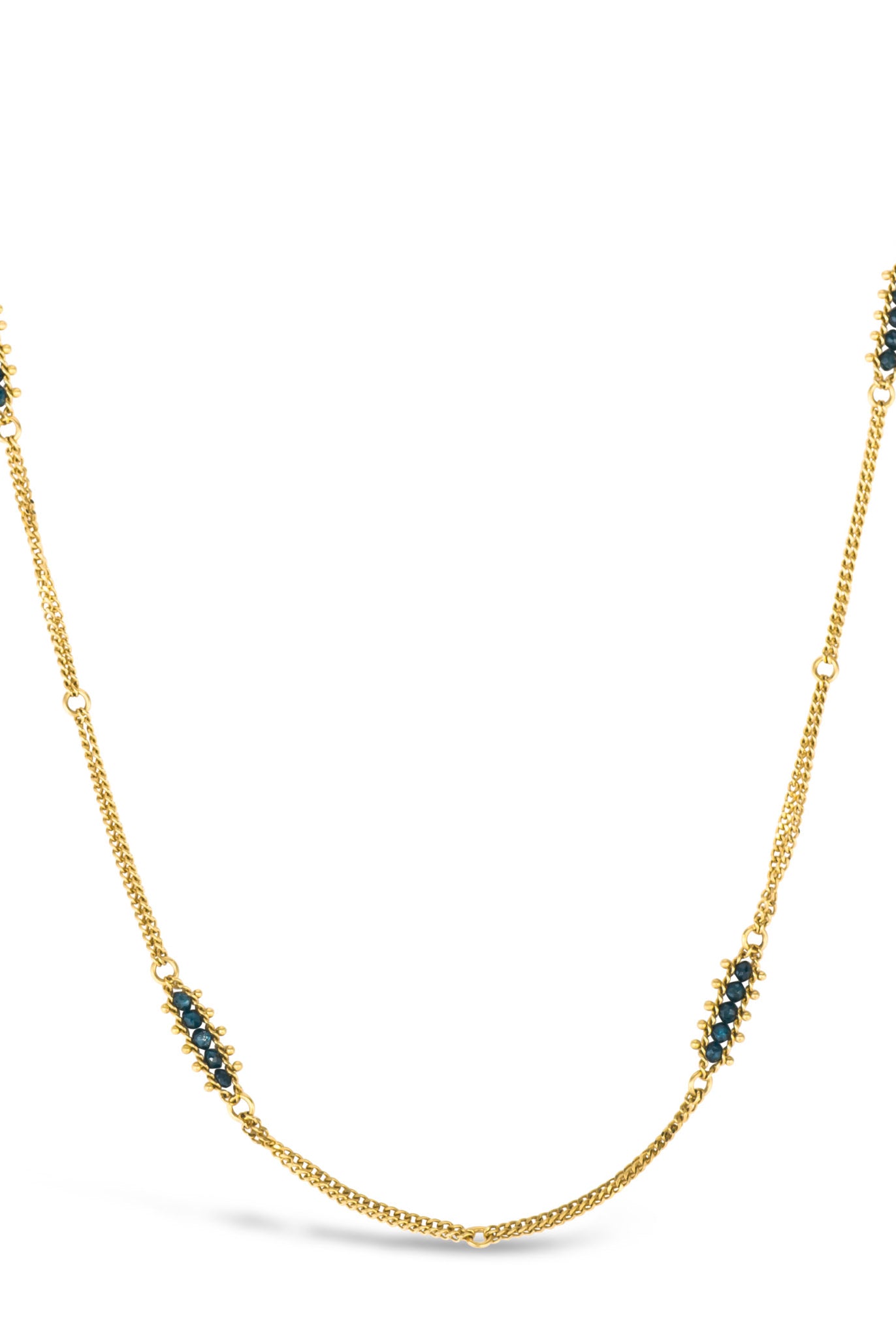 Image of a double layered chain natural blue diamond necklace from fine jewelry designer Amali handcrafted in Chapel Hill North Carolina in warm 18K yellow gold