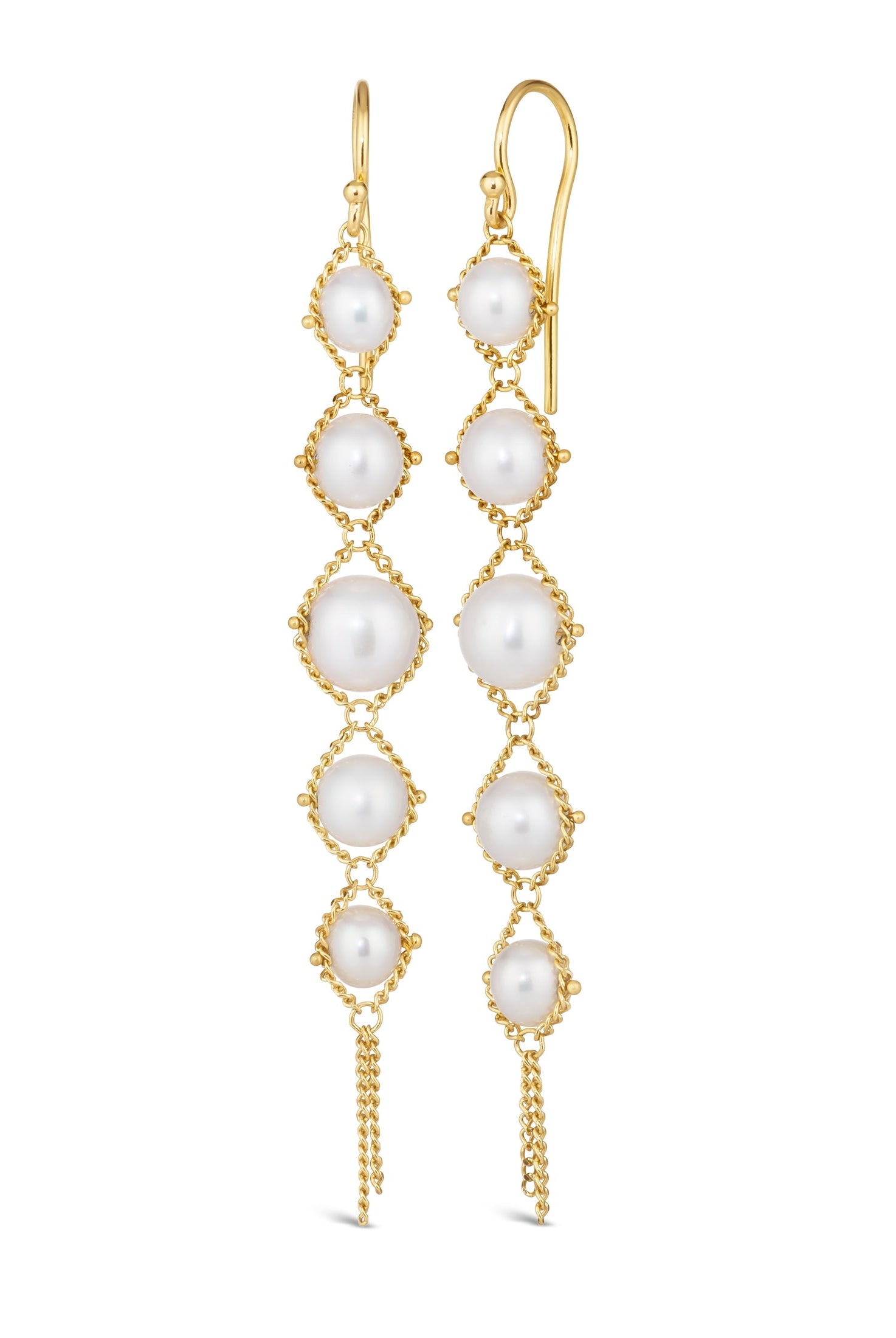 Image of graduated Akoya Pearl Drop Earrings from North Carolina fine jewelry artist Amali with each lustrous white Akoya pearl individually suspended in hand-woven lengths of delicate 18K yellow gold chain and french wire hooks