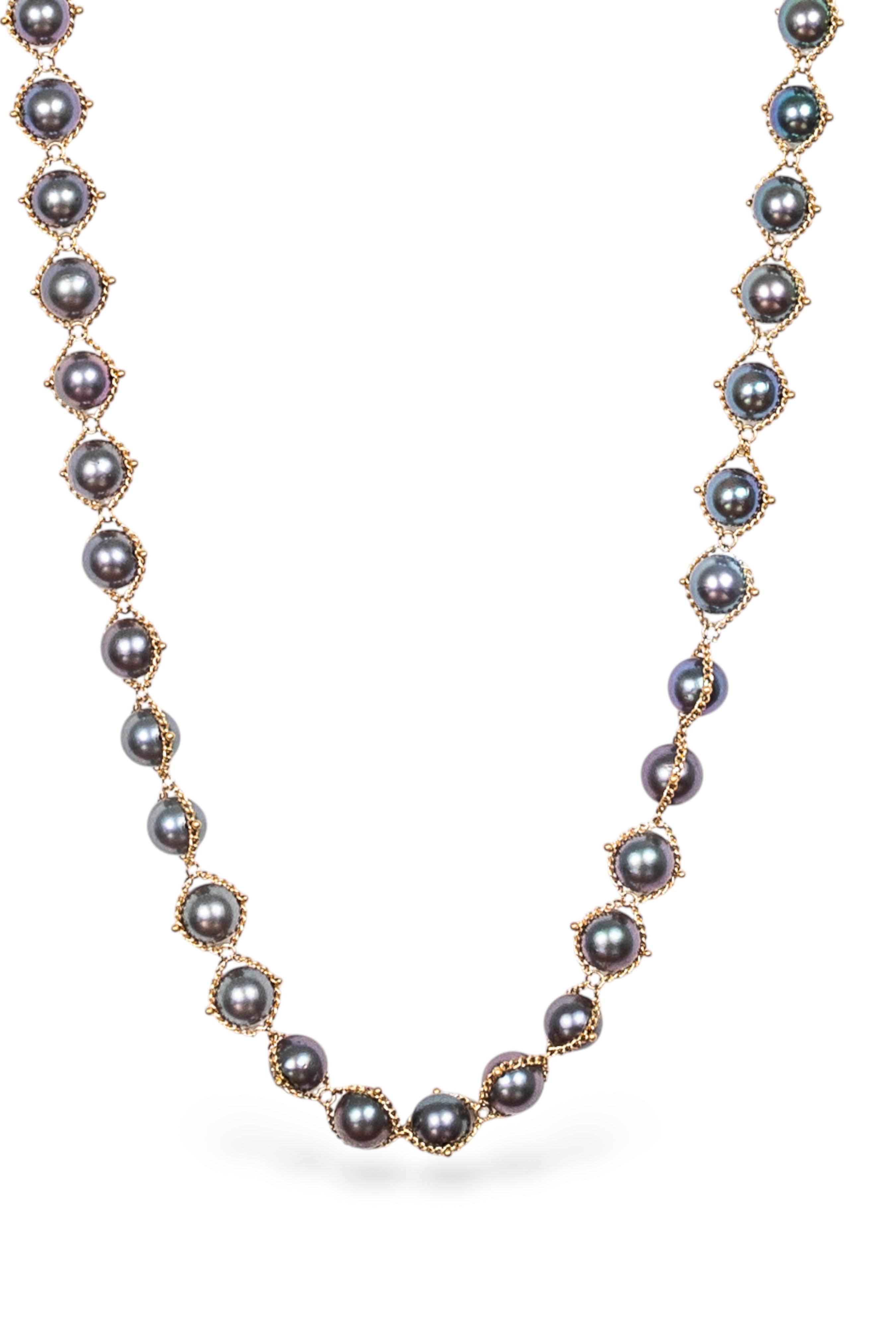Image of luxury Grey Akoya Pearl Necklace from fine jewelry artist Amali handcrafted in New York in warm 18K yellow gold with matching necklace and earrings