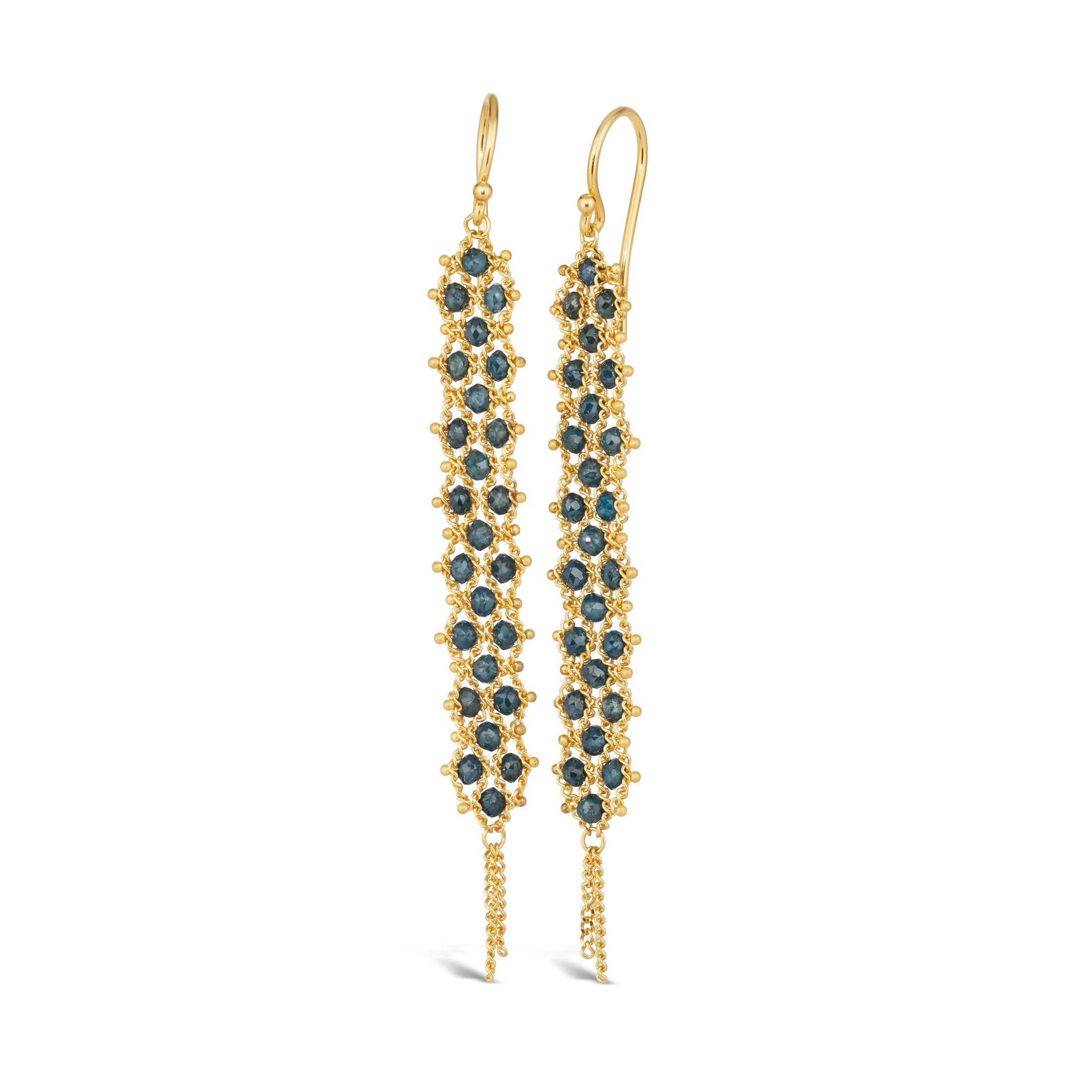 Image of hand woven blue diamonds and 18k yellow gold earrings by New York jewelry designer Amali