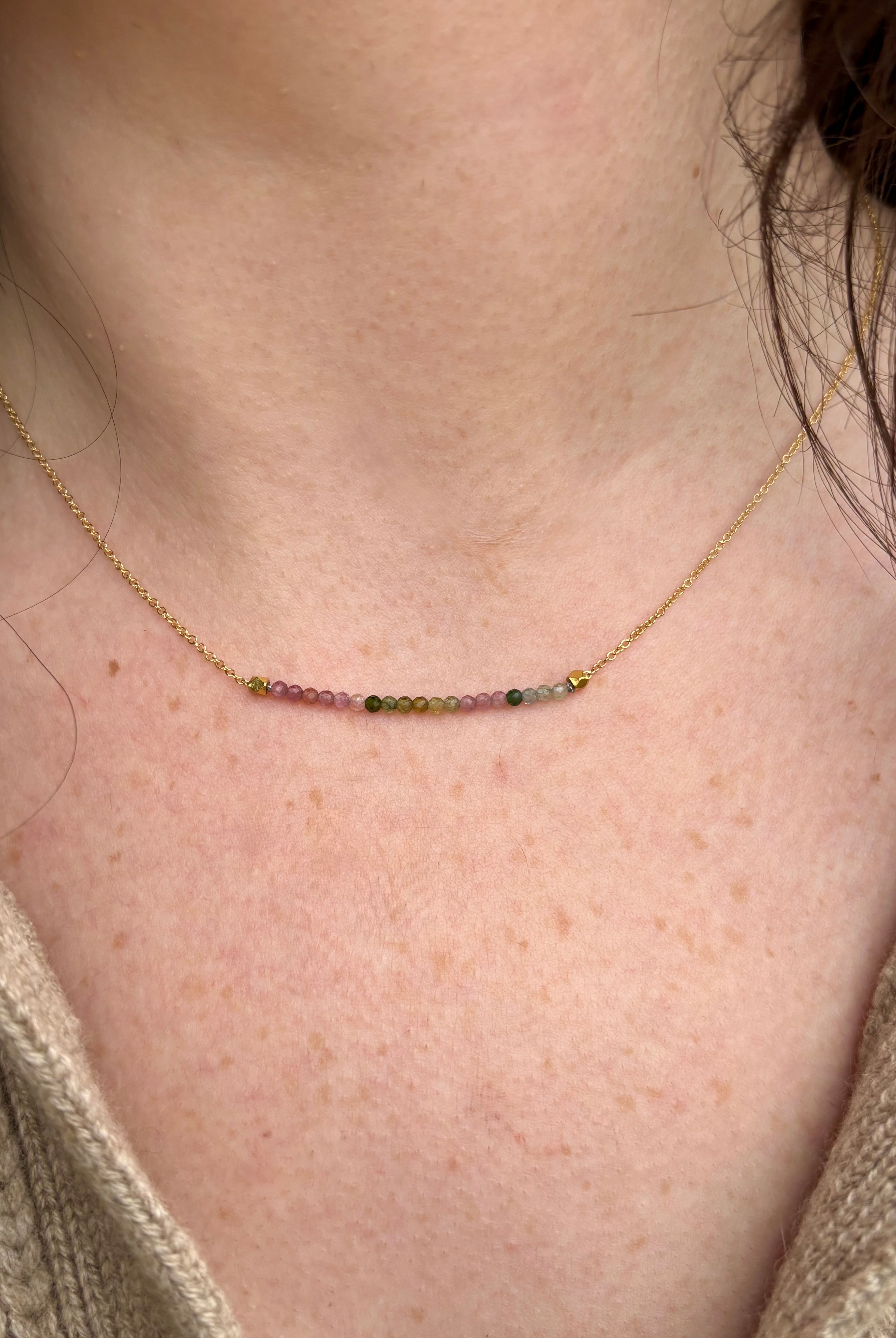 Image of woman wearing fine jewelry designer ANNE SPORTUN Center Watermelon Tourmaline Necklace in 18k yellow gold