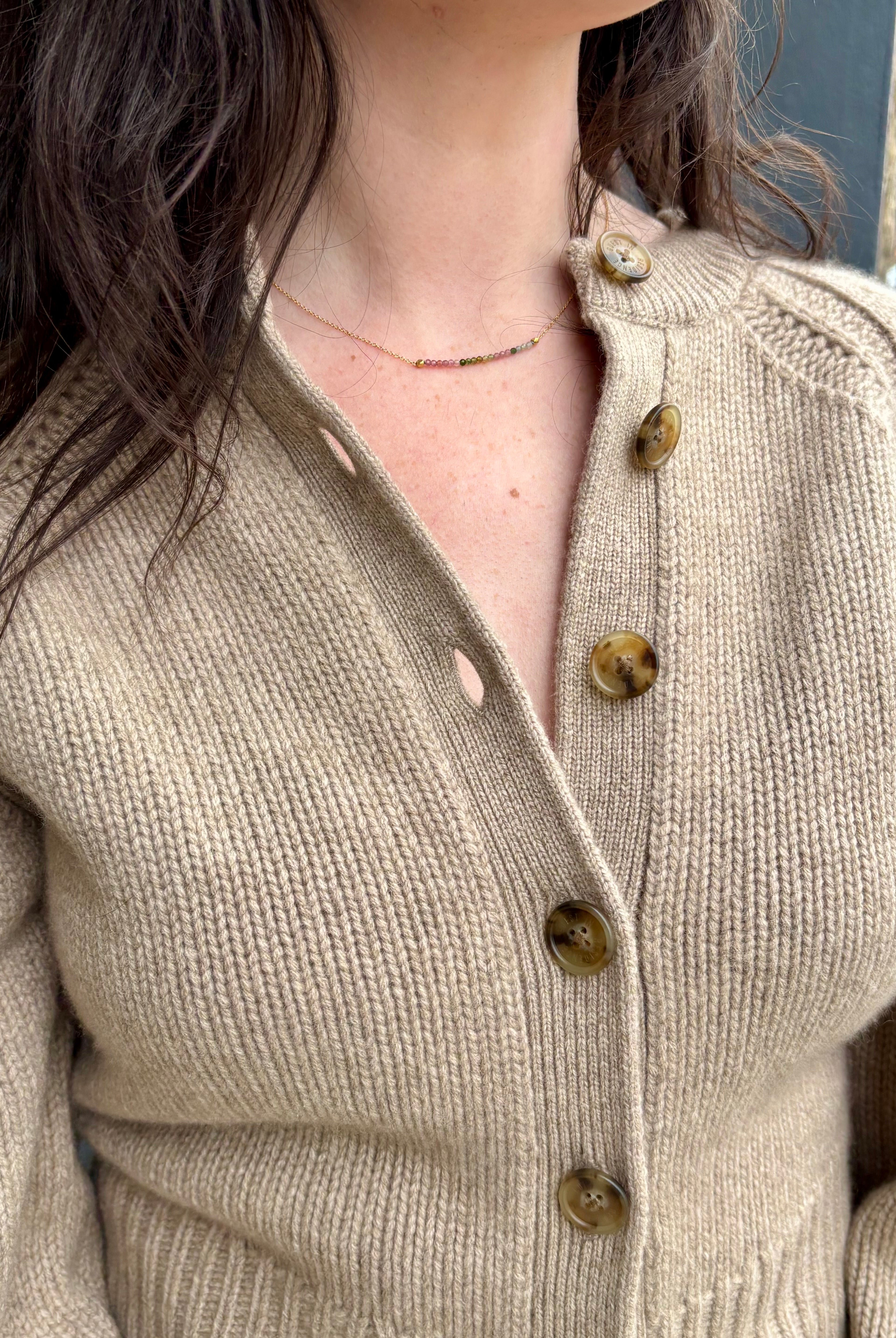 Image of woman wearing fine jewelry designer ANNE SPORTUN Center Watermelon Tourmaline Necklace in 18k yellow gold