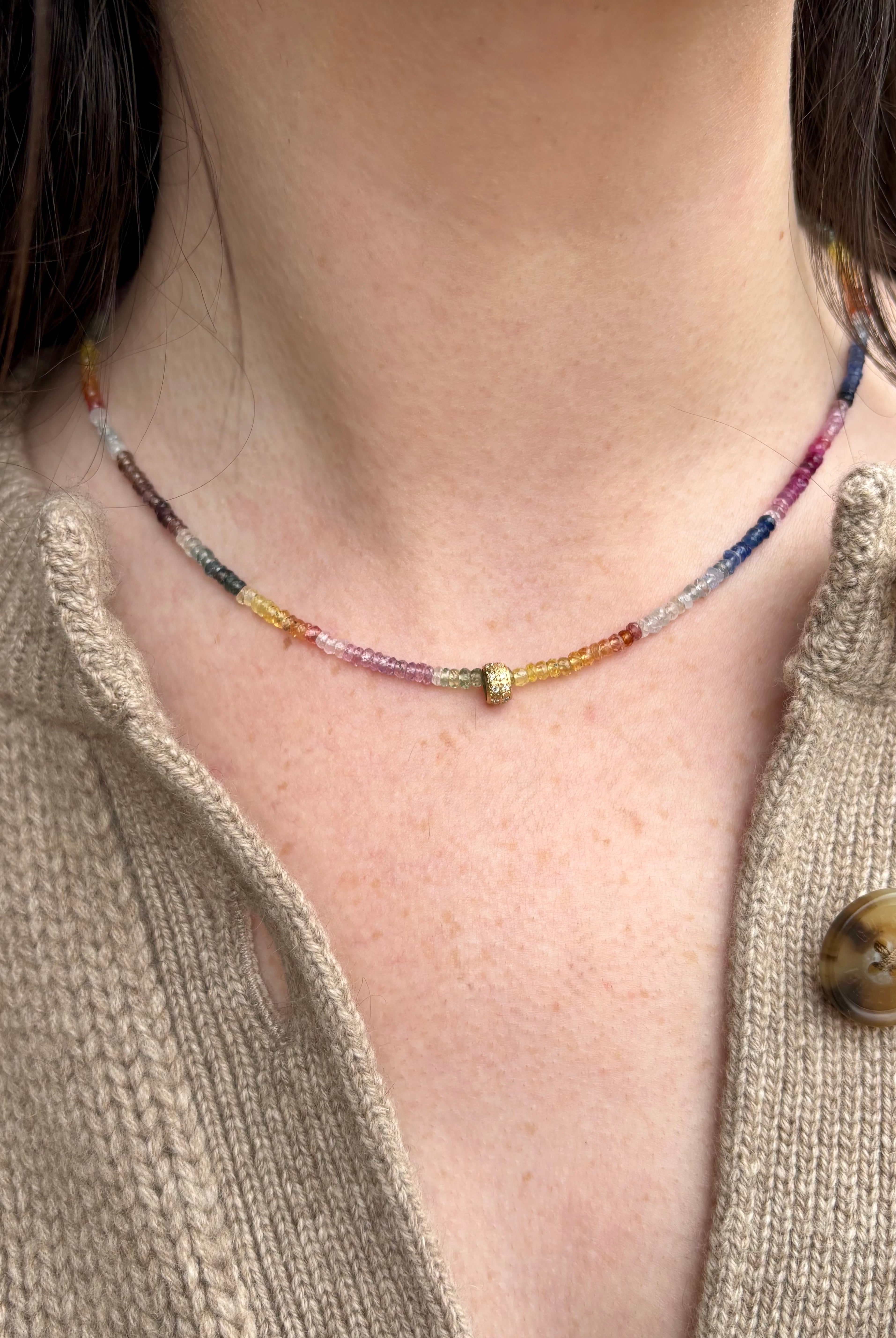 Image of woman wearing designer ANNE SPORTUN Watermelon Tourmaline Boulder Bead Necklace with and 18k gold and diamond pendant