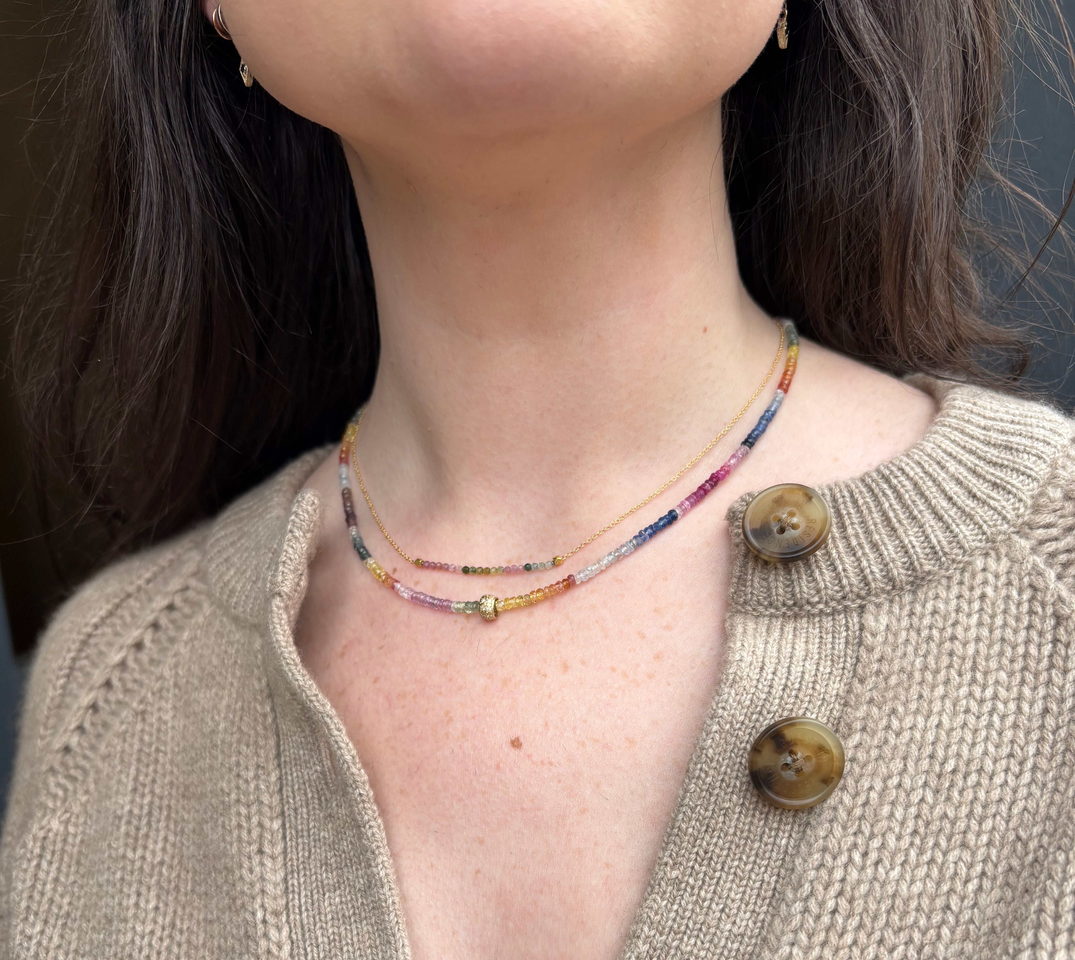 Image of woman wearing designer ANNE SPORTUN Watermelon Tourmaline Boulder Bead Necklace with and 18k gold and diamond pendant