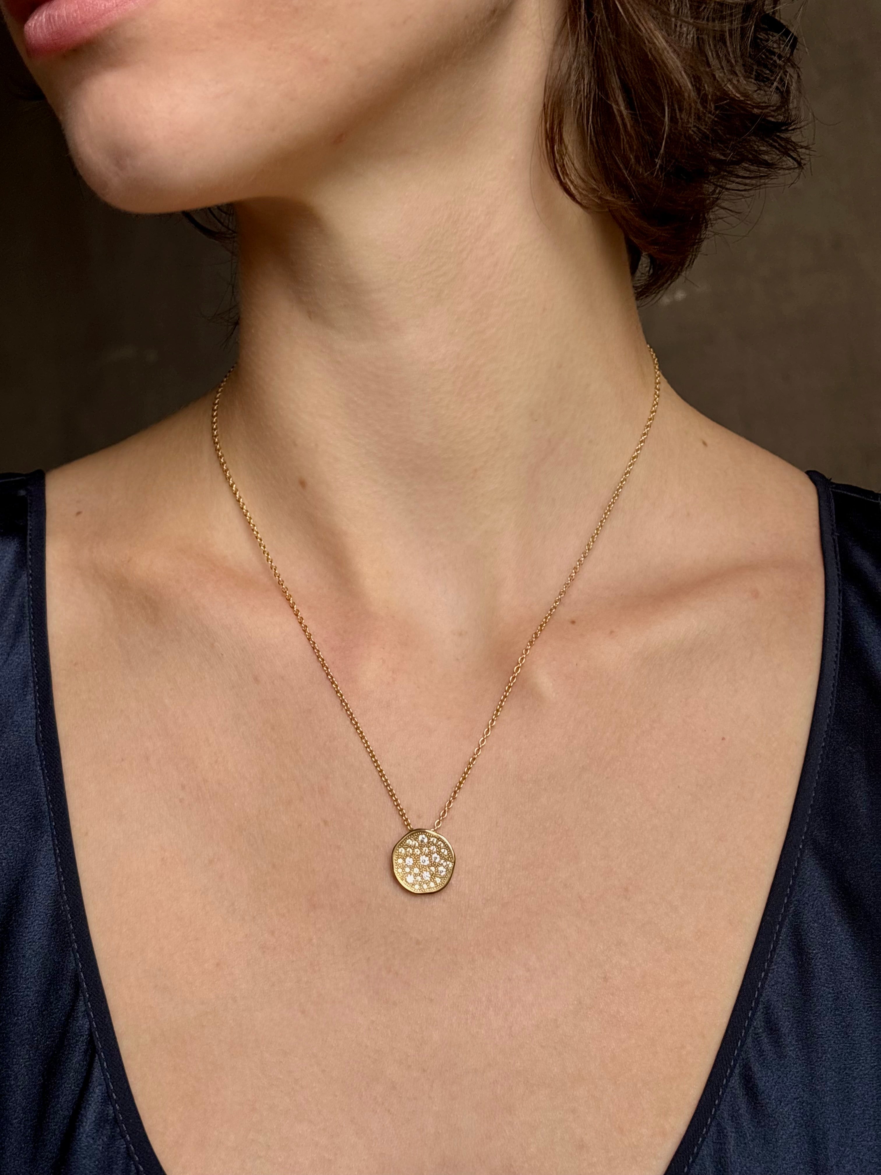 Gold Stardust circular 18k yellow gold Pendant Necklace by fine jewelry artist Anne Sportun with 29 round brilliant-cut diamonds