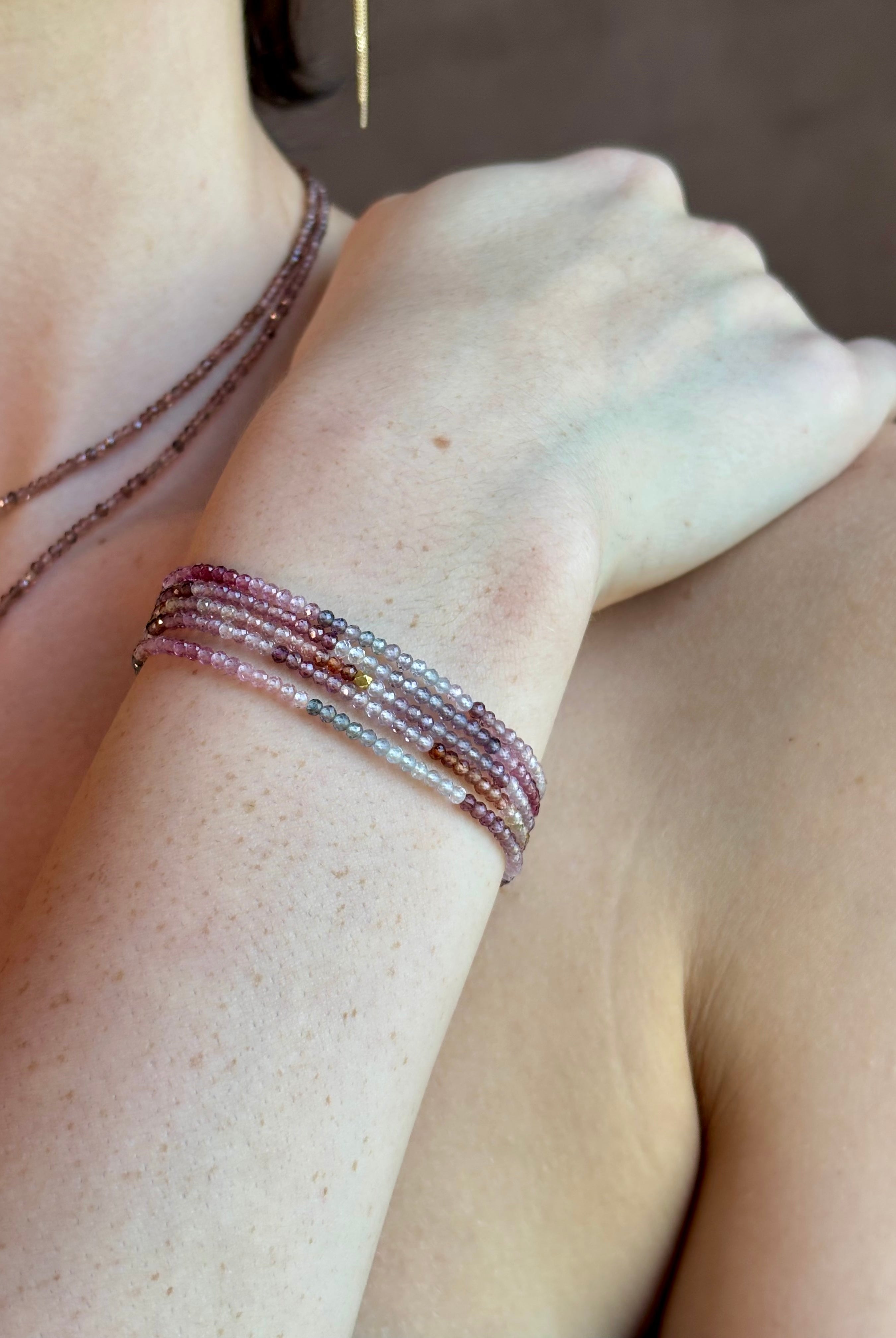multicolored spinel bracelet by Anne Sportun that can be worn as a bracelet or necklace with 18k yellow gold