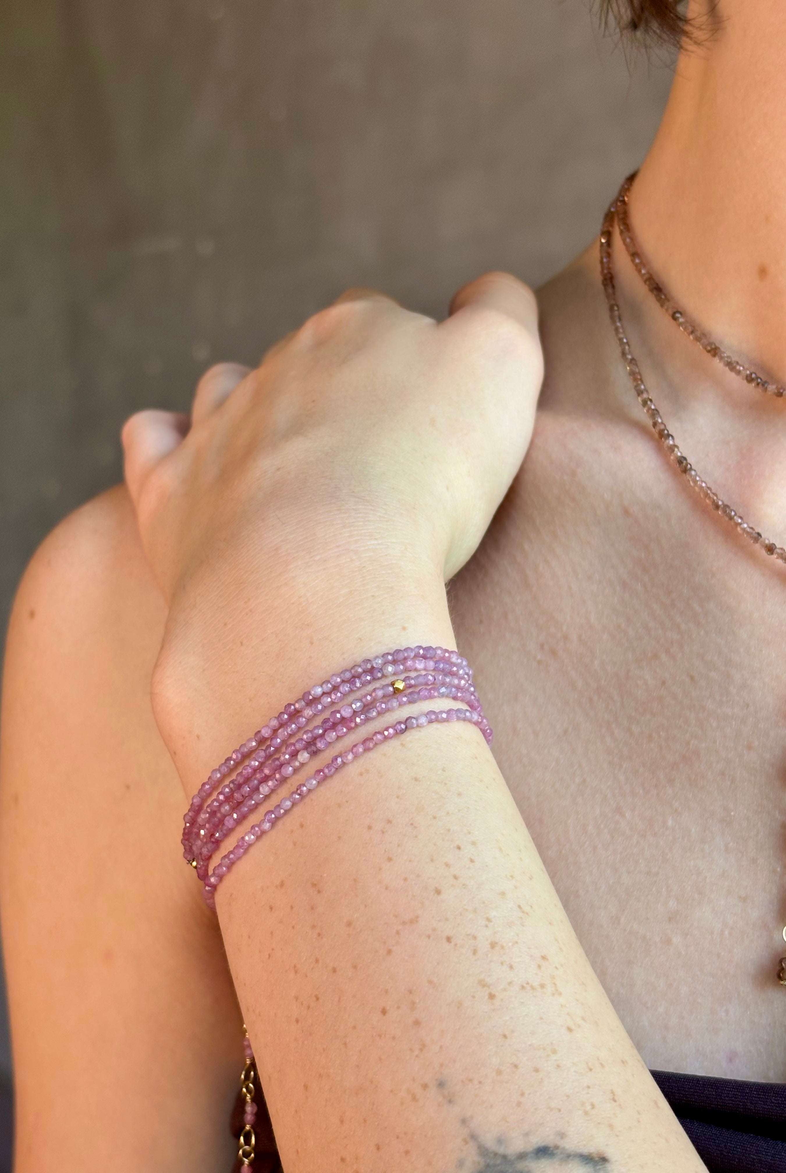 Pink Ruby Wrap Bracelet from fine jewelry artist Anne Sportun natural pink rubies handcrafted with 18K yellow gold