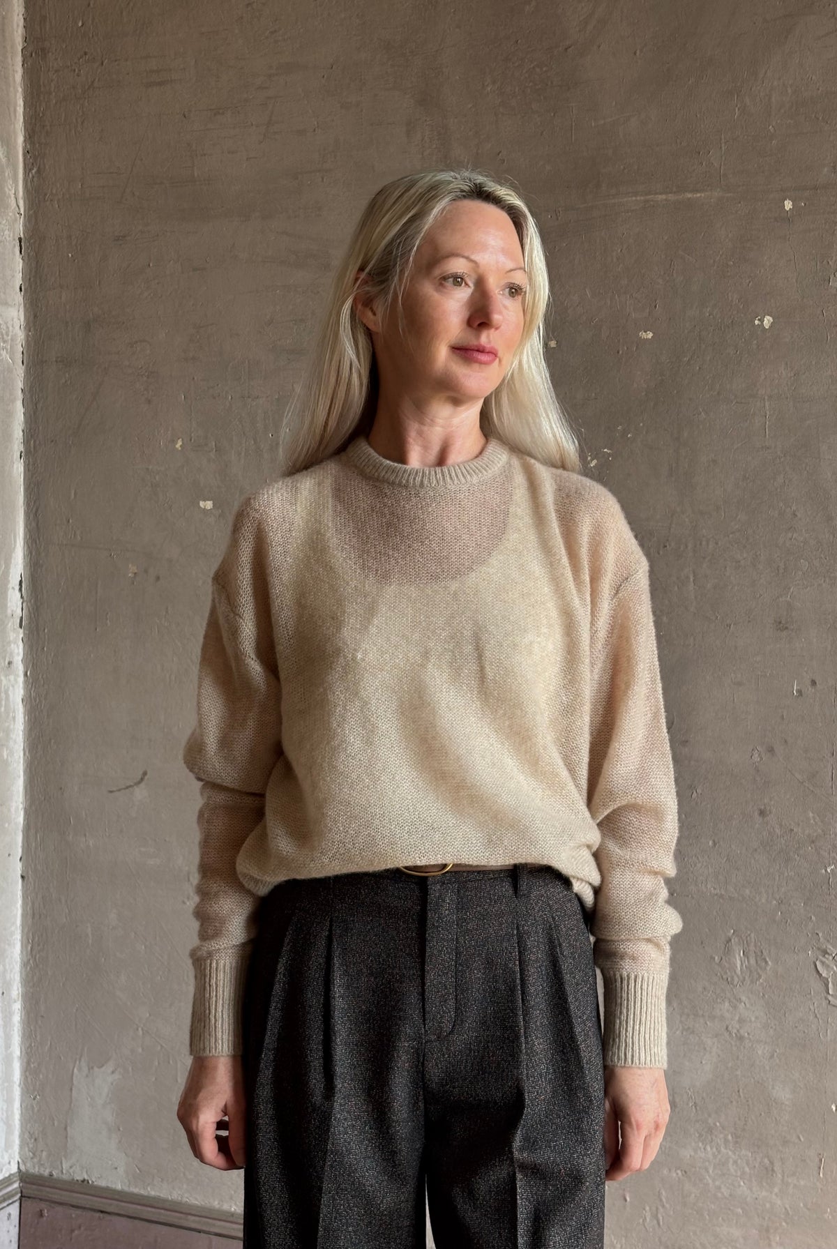 Apiece Apart's Cashmere/Silk Sweater in Beige tissue-weight knit with a semi-transparent, conscious luxury layering