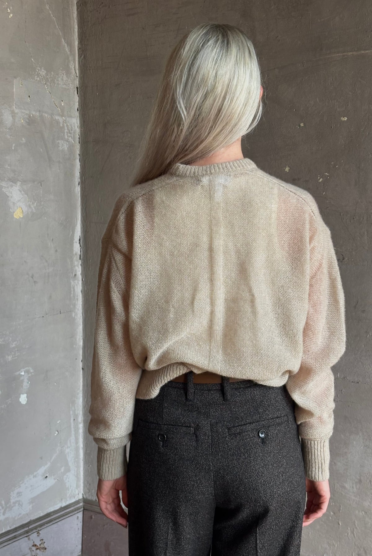 Apiece Apart's Cashmere/Silk Sweater in Beige tissue-weight knit with a semi-transparent, conscious luxury layering