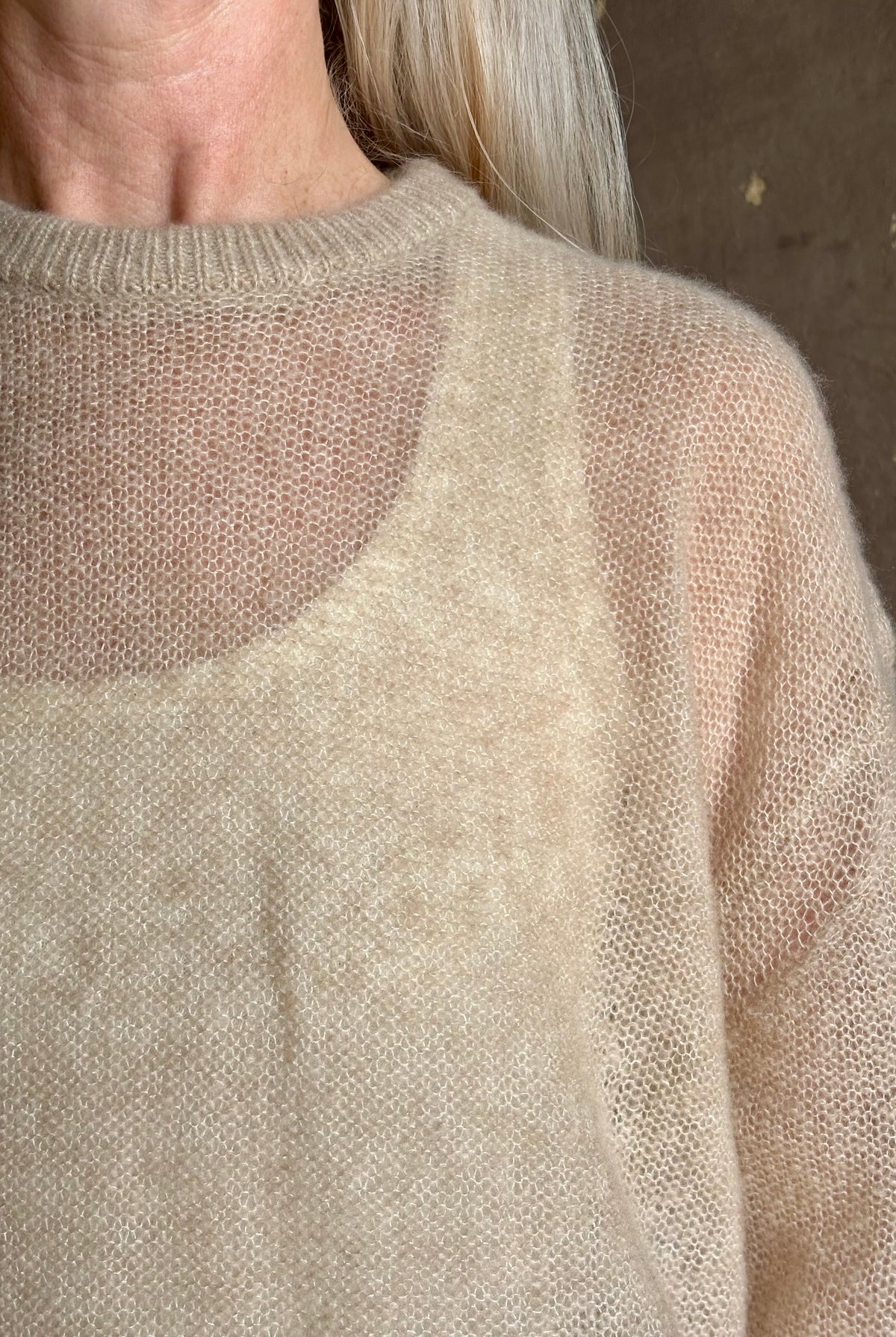 Apiece Apart's Cashmere/Silk Sweater in Beige tissue-weight knit with a semi-transparent, conscious luxury layering
