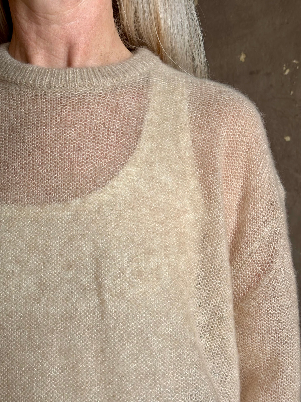 Apiece Apart's Cashmere/Silk Sweater in Beige tissue-weight knit with a semi-transparent, conscious luxury layering