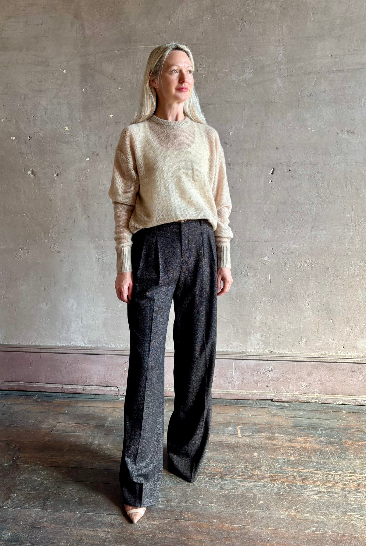 Apiece Apart's Cashmere/Silk Sweater in Beige tissue-weight knit with a semi-transparent, conscious luxury layering
