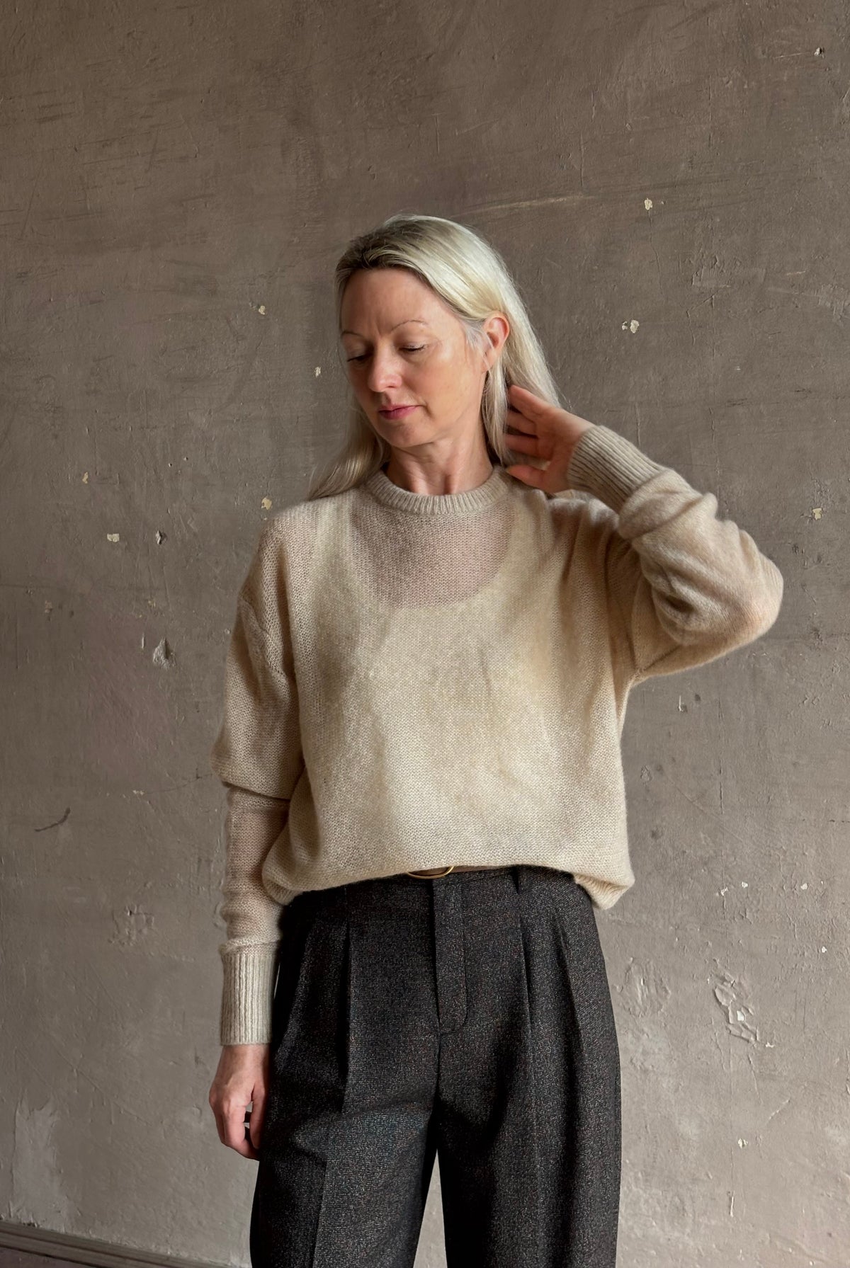 Apiece Apart's Cashmere/Silk Sweater in Beige tissue-weight knit with a semi-transparent, conscious luxury layering