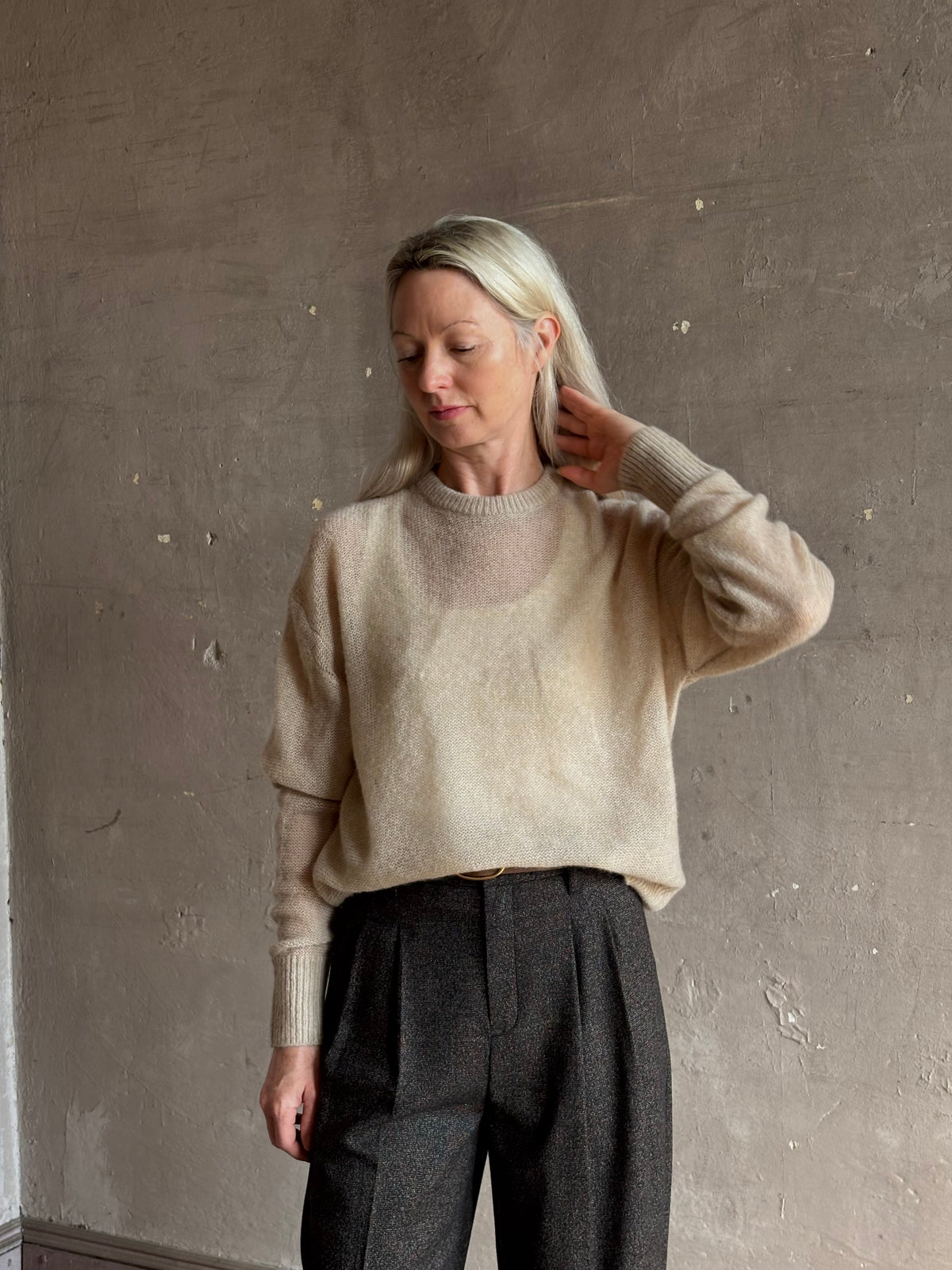 Apiece Apart's Cashmere/Silk Sweater in Beige tissue-weight knit with a semi-transparent, conscious luxury layering