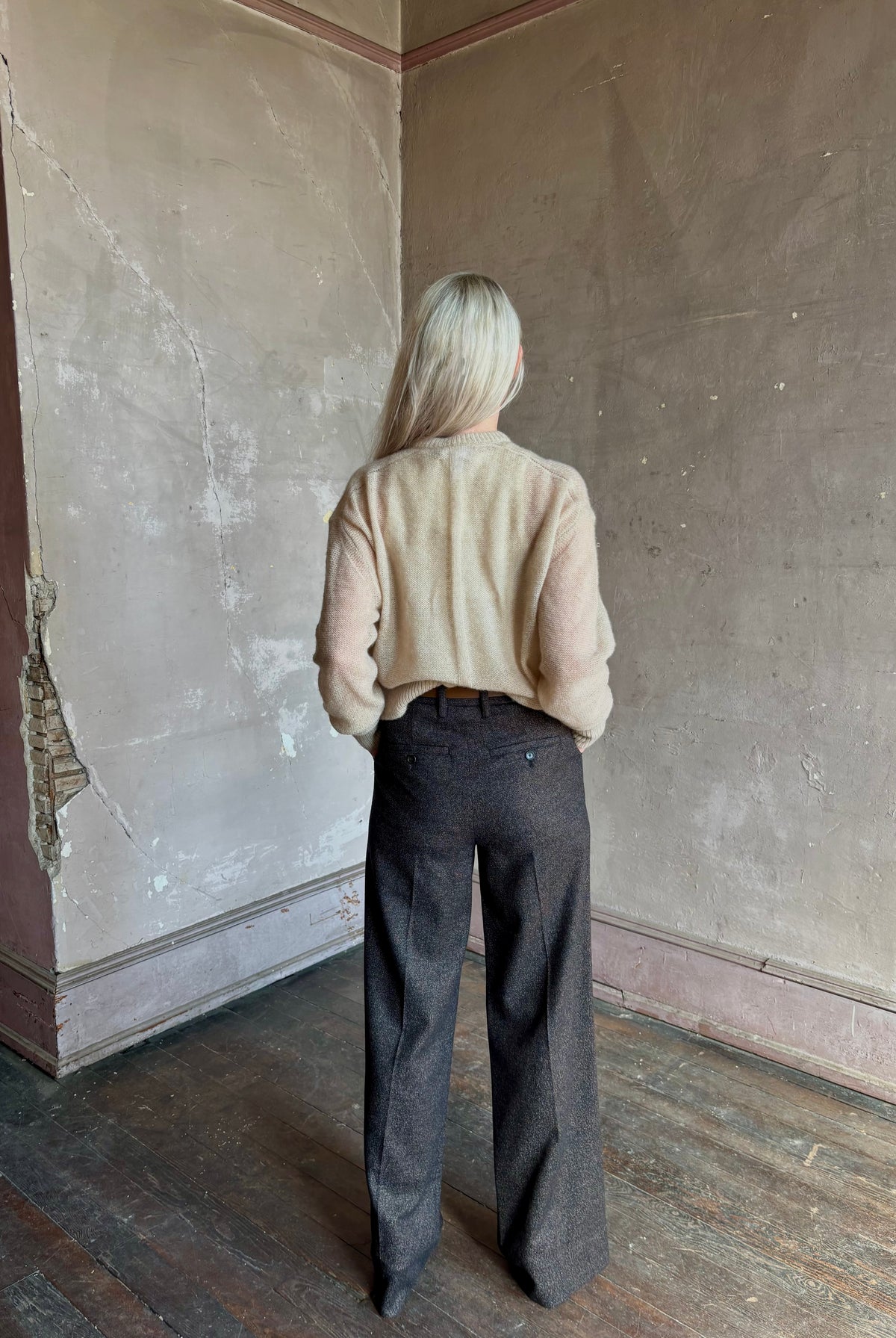 Apiece Apart's Cashmere/Silk Sweater in Beige tissue-weight knit with a semi-transparent, conscious luxury layering