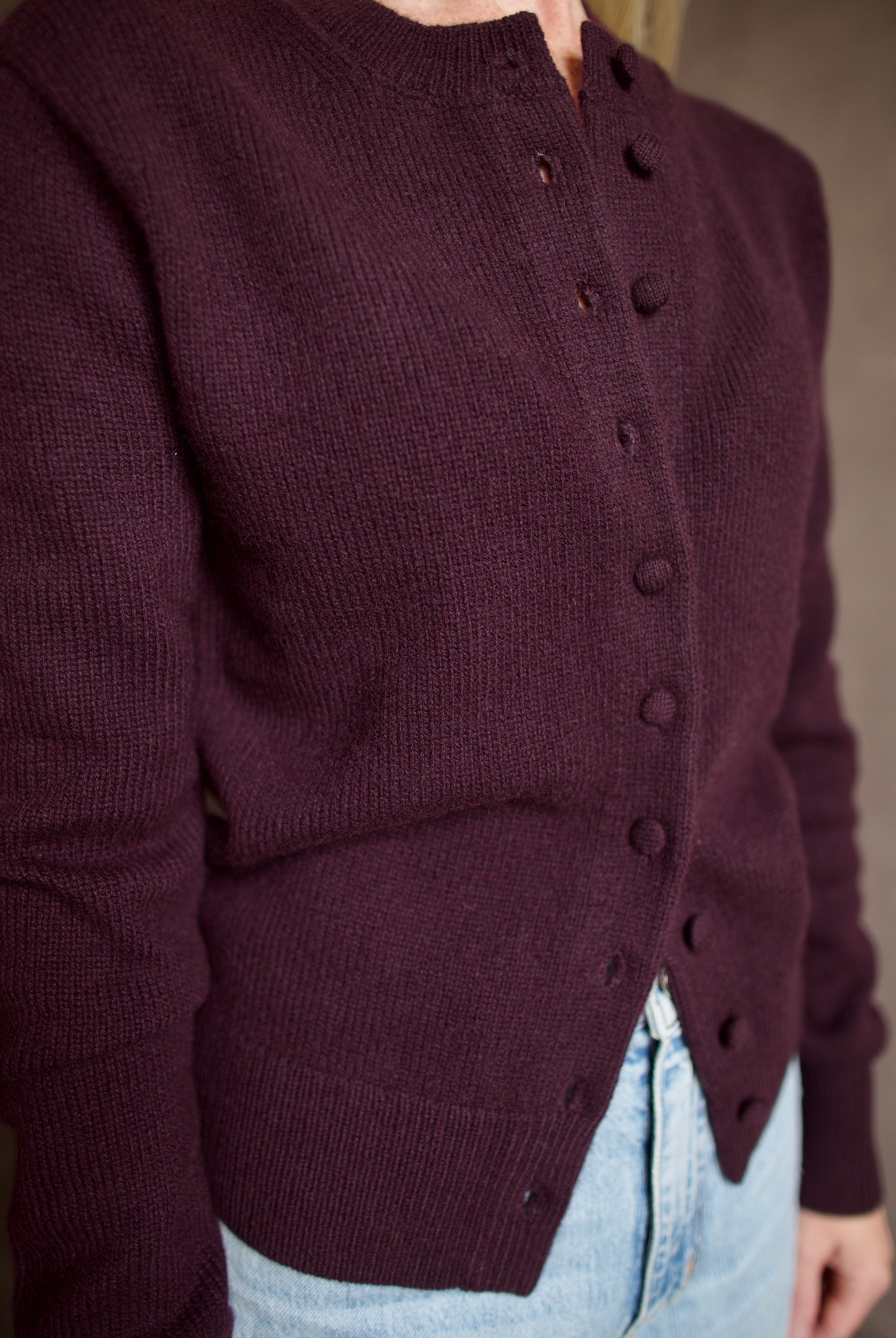 Detailed image of ALC Skyler cashmere cardigan by ALC with covered buttons for an elevated basic