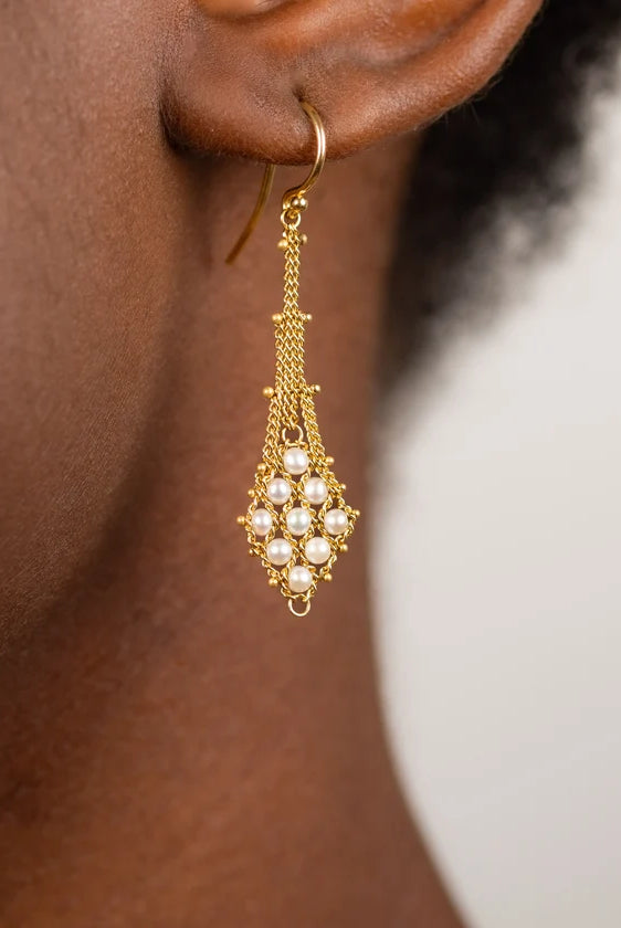 Amali's Lattice Earrings in 18K Yellow Gold & Freshwater Pearls hand-woven gold trellis artisan crafted American-made