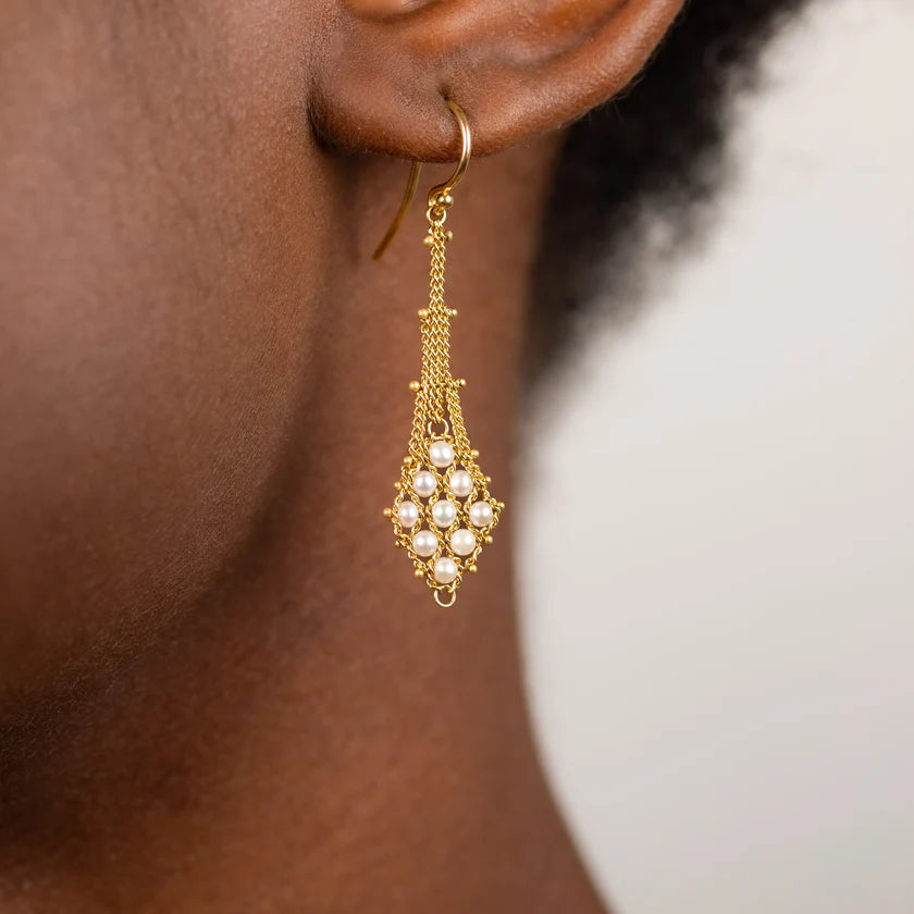 Amali's Lattice Earrings in 18K Yellow Gold & Freshwater Pearls hand-woven gold trellis artisan crafted American-made