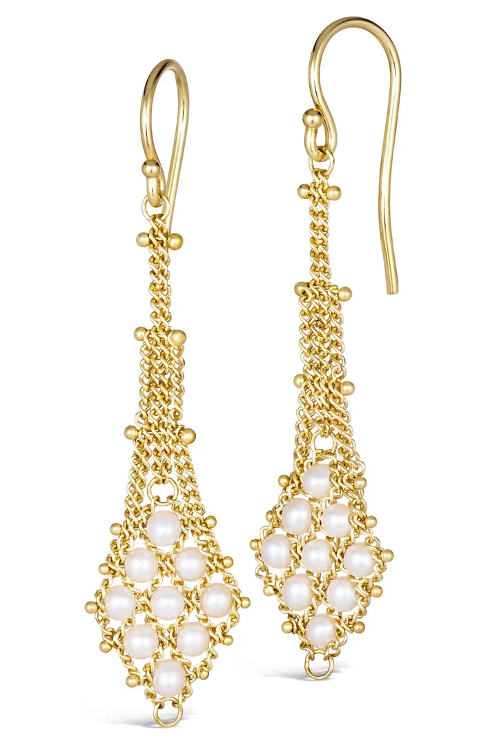 Amali's Lattice Earrings in 18K Yellow Gold & Freshwater Pearls hand-woven gold trellis artisan crafted American-made