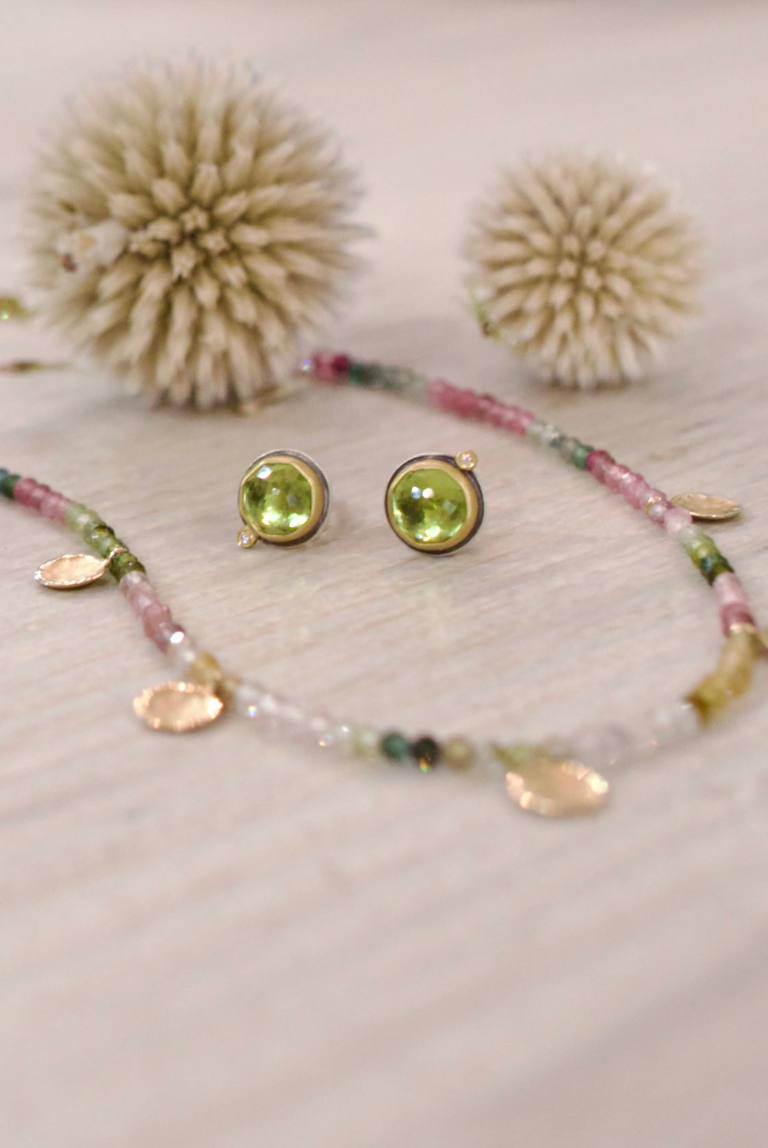 Image of Ananda Khalsa Rosecut Peridot Stud Earrings premium handcrafted construction in 22kt gold with a diamond dot accents