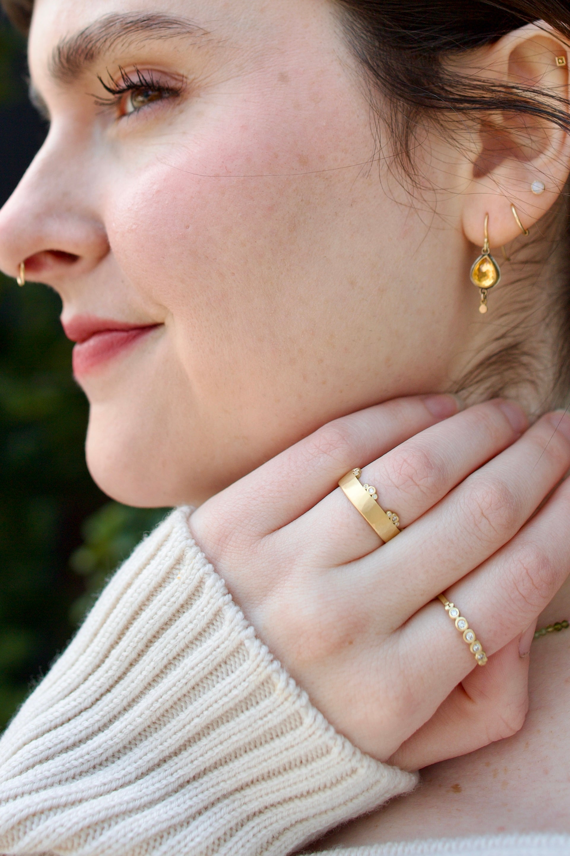 Ananda Khalsa handmade 18k gold wide band ring with diamond trio arrangements, timeless design and expert American craftsmanship