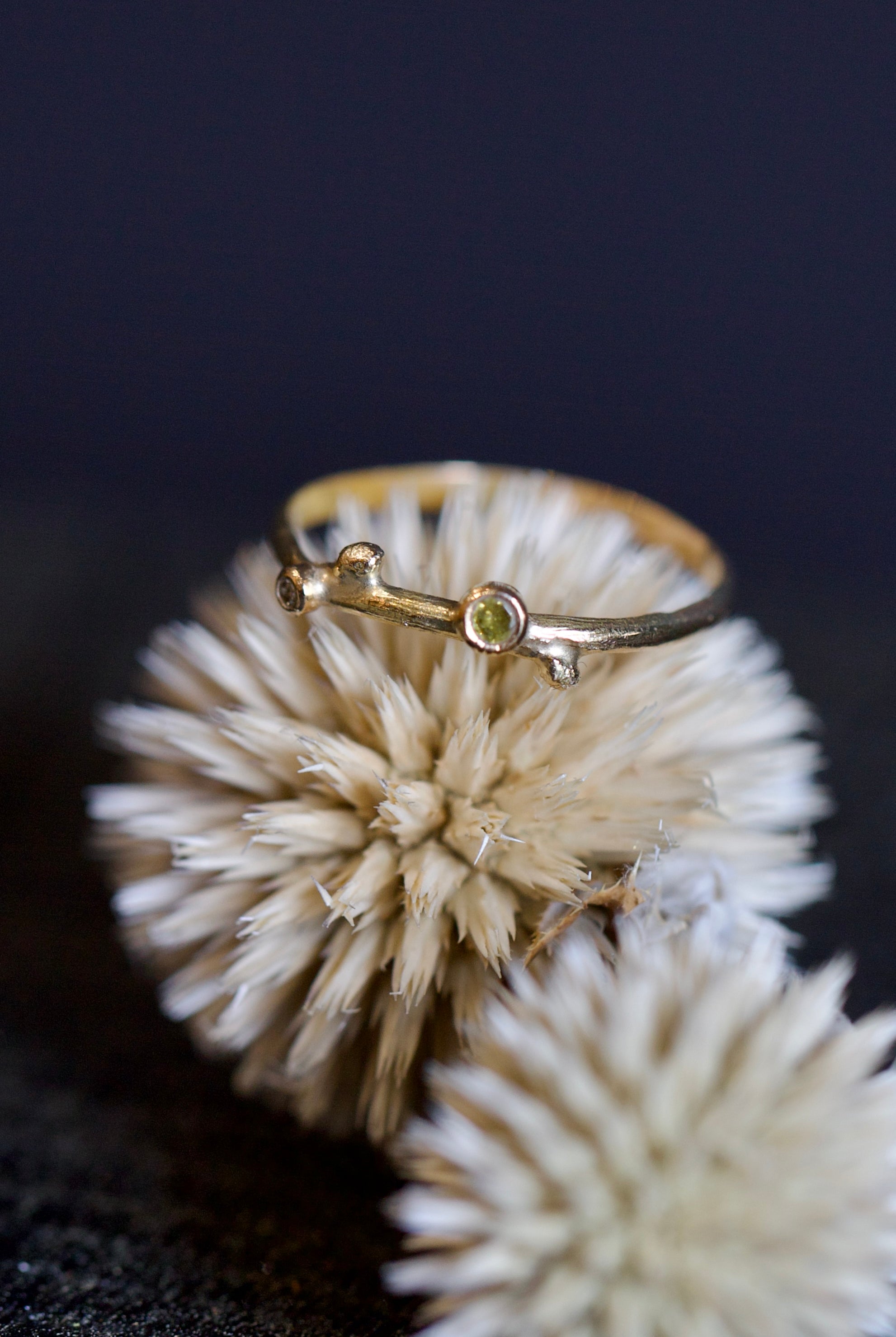 image of the Anna Johnson Canary and champagne diamond Ring with hand cast spirea in 18K vermeil