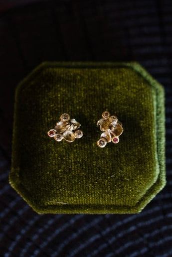 Image of Anna Johnson Decbia Earrings 14k recycled yellow gold, 0.05ctw natural pink diamonds, 0.3ctw champagne diamonds and cast akebia