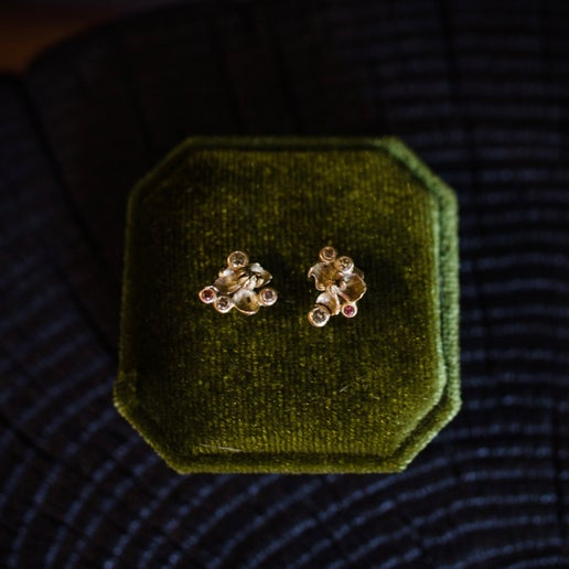 Image of Anna Johnson Decbia Earrings 14k recycled yellow gold, 0.05ctw natural pink diamonds, 0.3ctw champagne diamonds and cast akebia