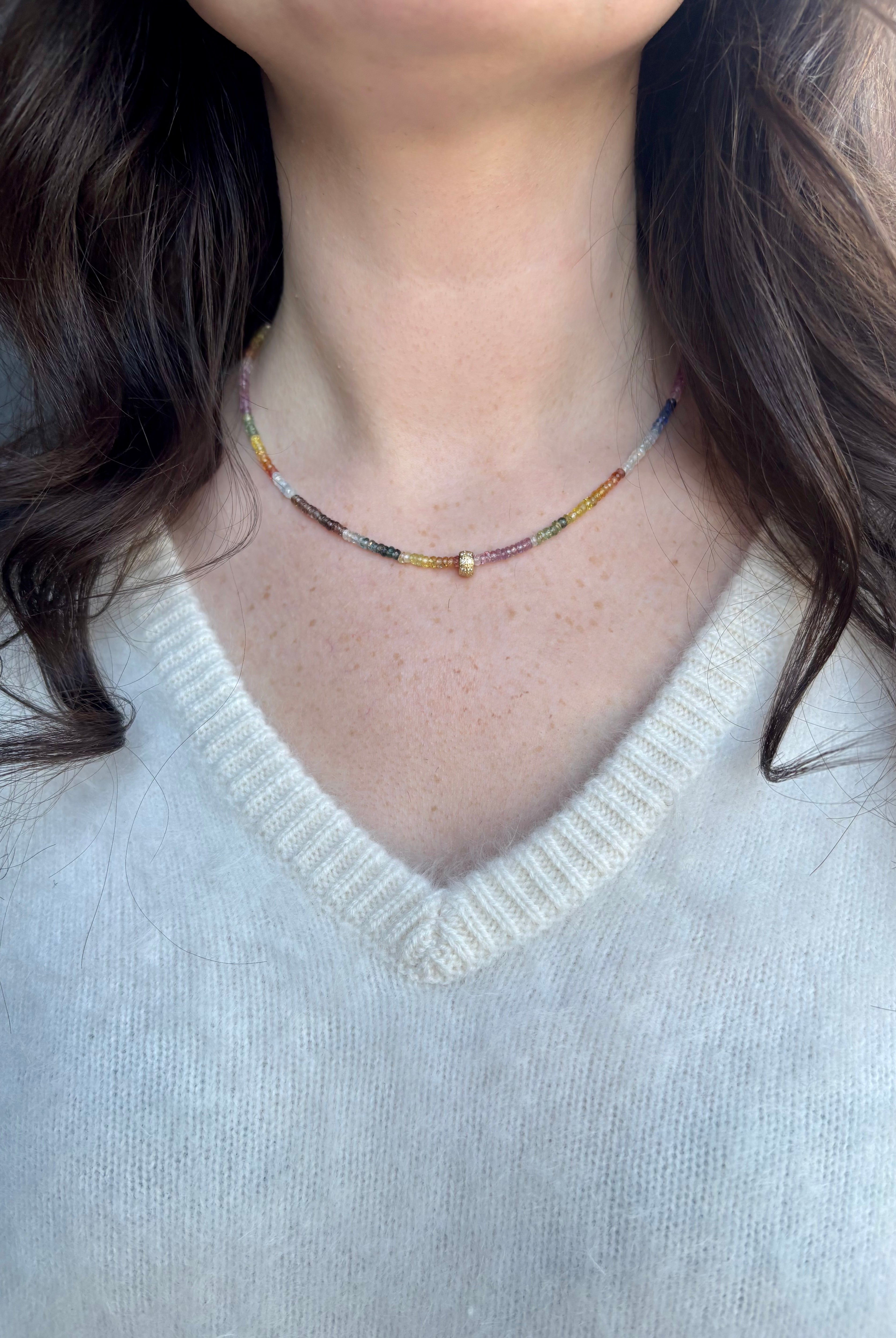 Image of woman wearing fine jewelry designer ANNE SPORTUN Multi-Sapphire and Diamond Necklace in 18K Yellow Gold
