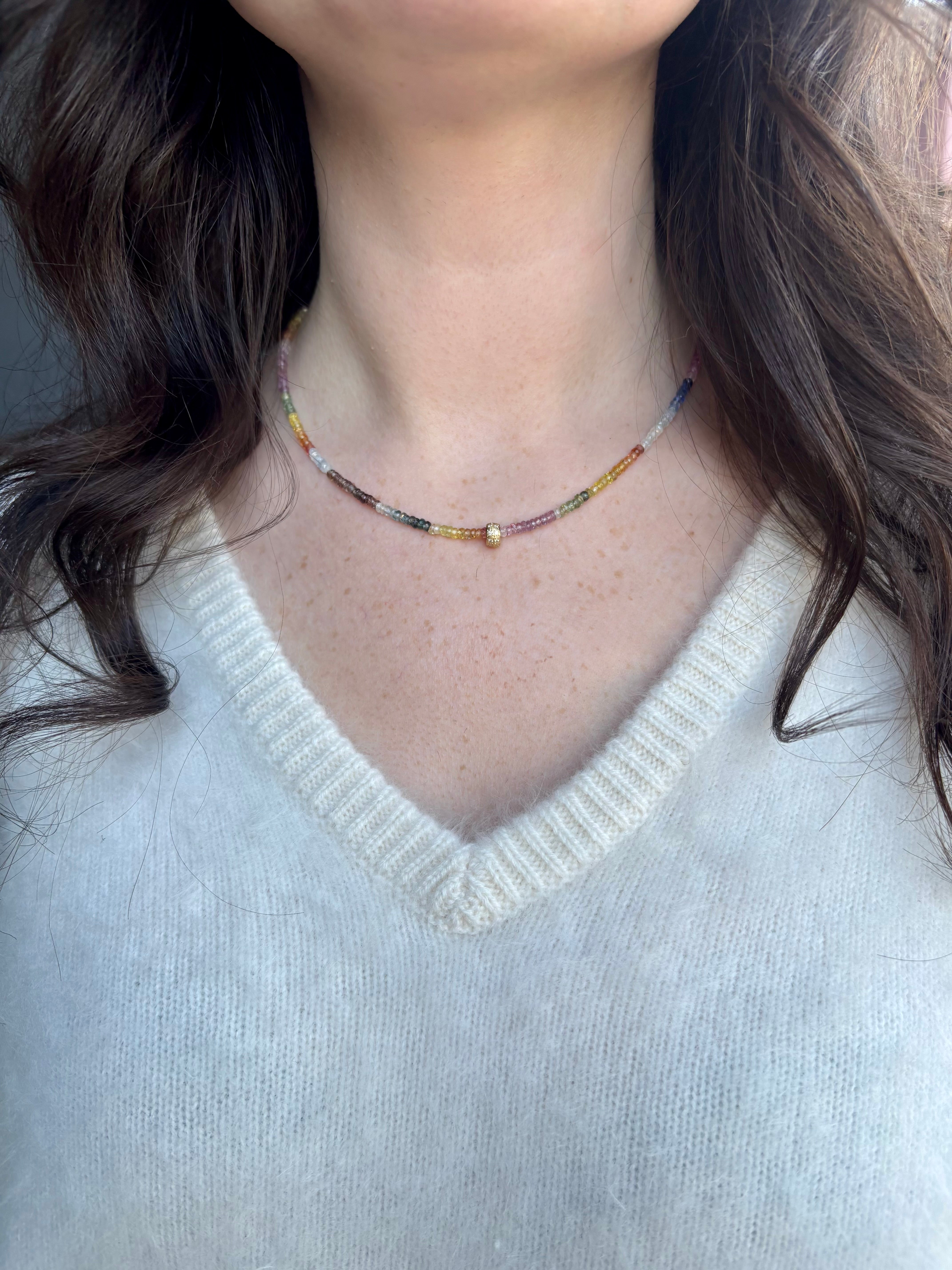 Image of woman wearing fine jewelry designer ANNE SPORTUN Multi-Sapphire and Diamond Necklace in 18K Yellow Gold