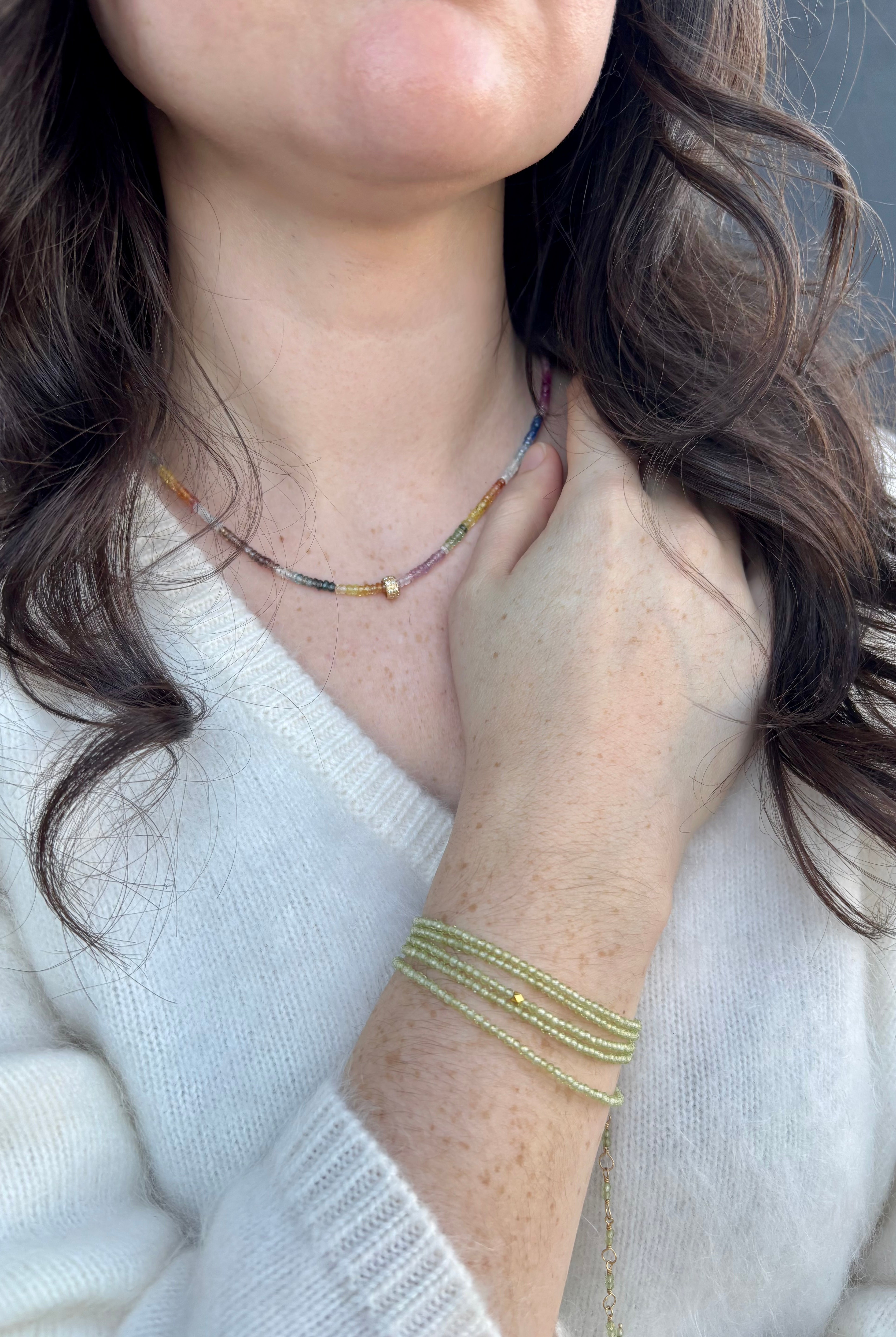 Image of woman wearing fine jewelry designer ANNE SPORTUN Multi-Sapphire and Diamond Necklace in 18K Yellow Gold
