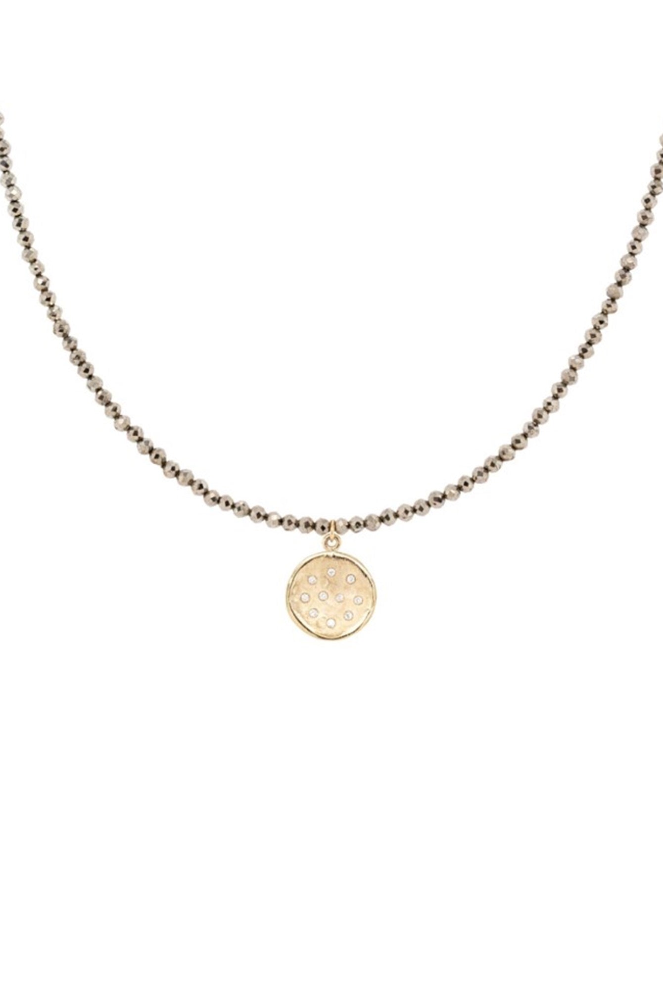 Image featuring Wrap pyrite and 10mm Diamond Spray Hammered Disc Necklace by artist Anne Sportun in 18k yellow gold