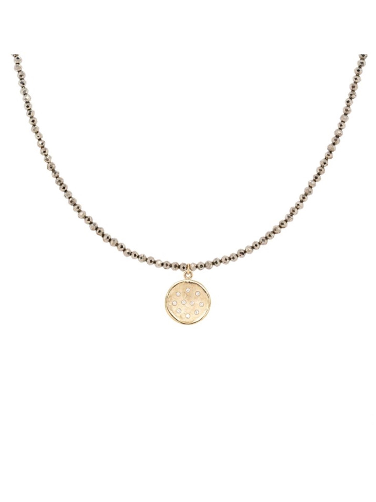 Image featuring Wrap pyrite and 10mm Diamond Spray Hammered Disc Necklace by artist Anne Sportun in 18k yellow gold