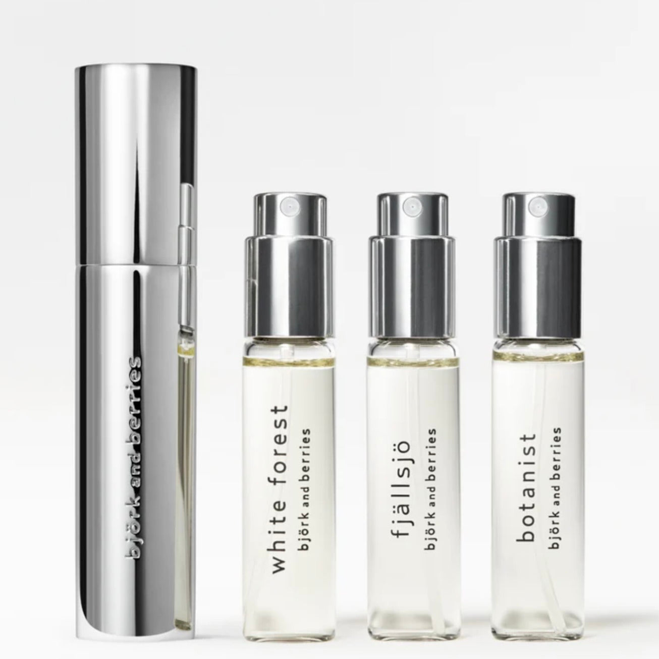 Image of the bjork and berries luxury Swedish eau de parfume trio travel set featuring white forest, fjallsjo and botanist personal fragrances and a sleek stainless steel carry case