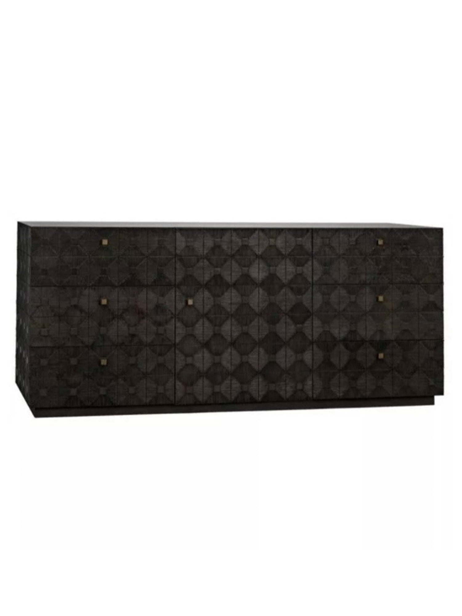 large solid mahogany wood sideboard with geometric patterns on sides drawer and door fronts painted solid black