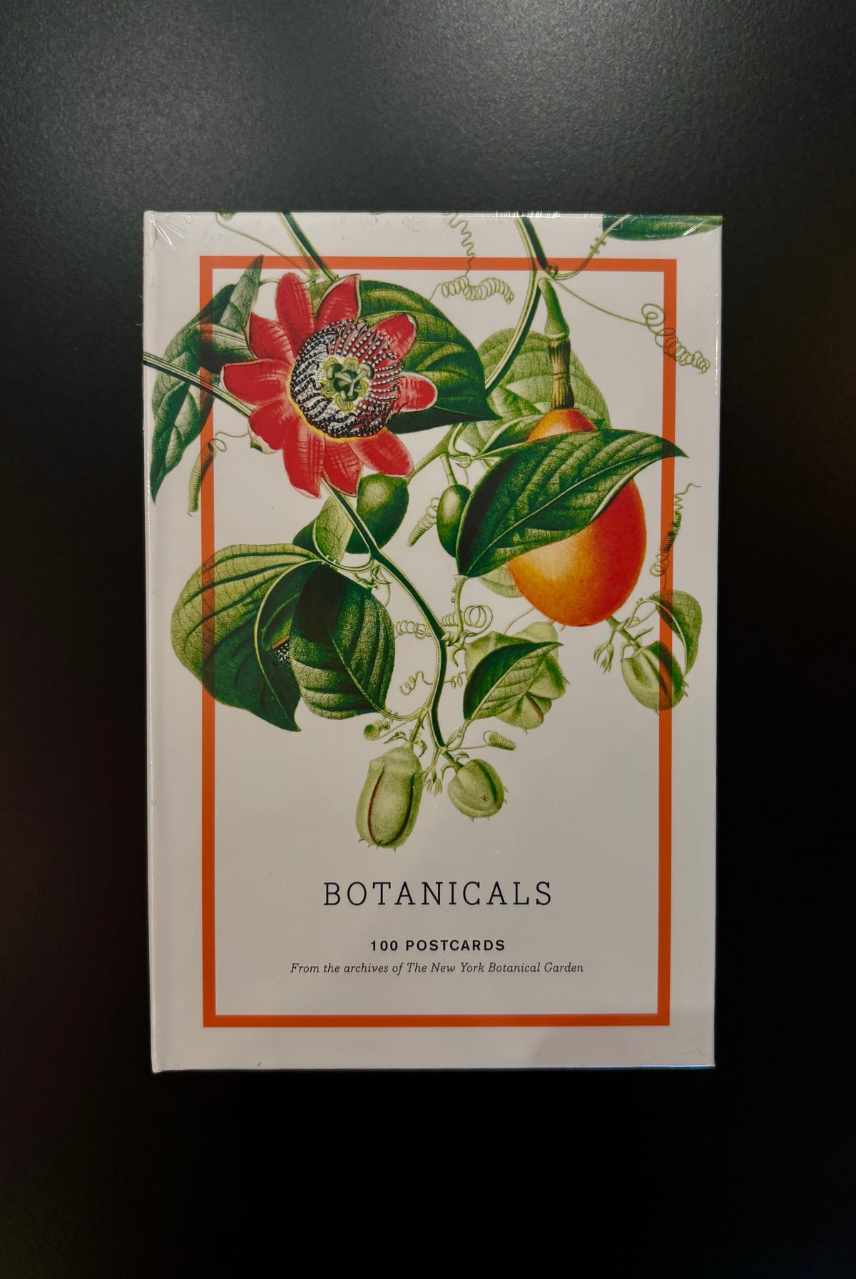 A boxed set of botanical postcards titled "BOTANICALS" with vintage-style illustrations of flowers, leaves, and fruit