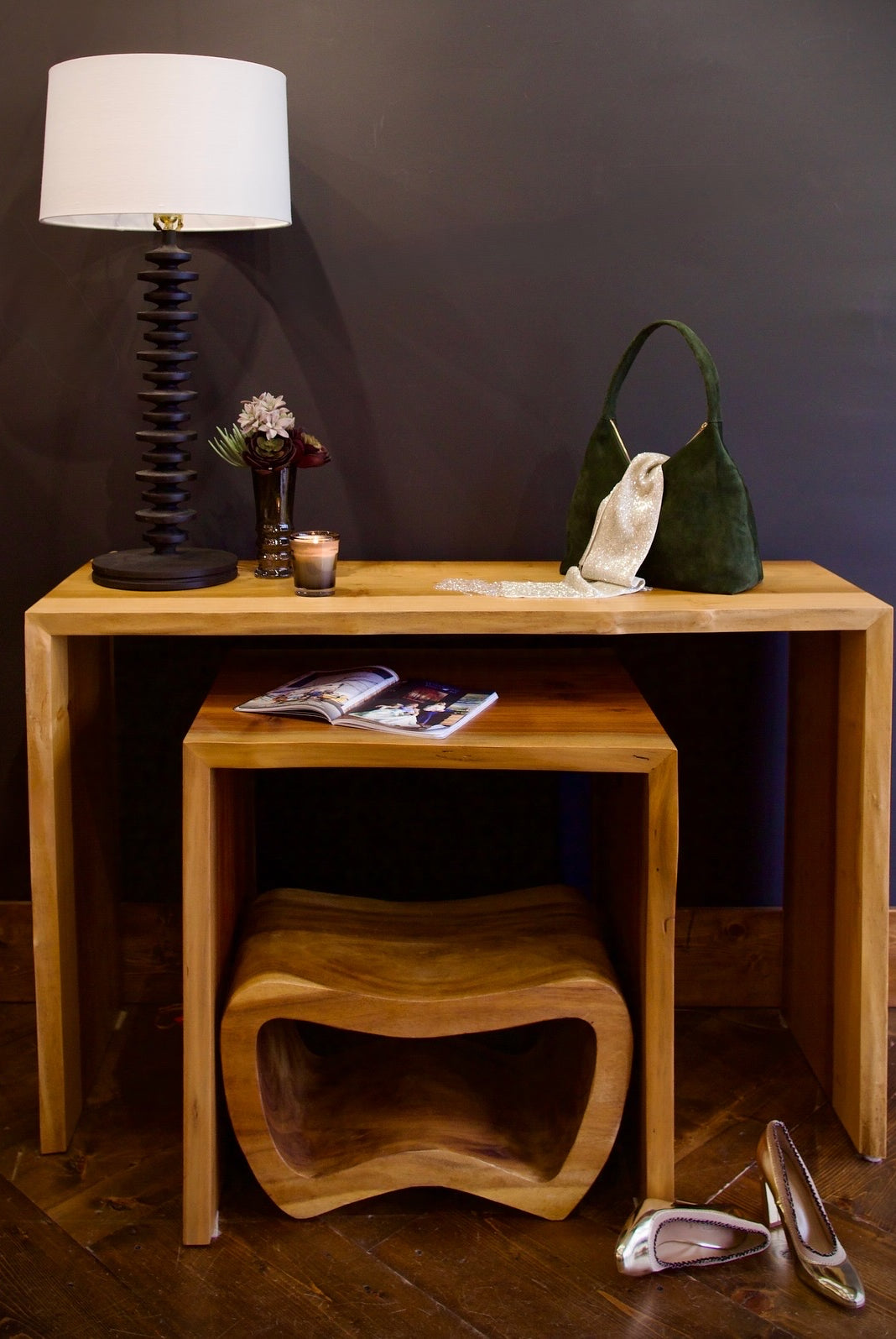 North Carolina custom furniture maker Brian Fireman Poplar Sofa with Table/Console with live edge dovetail joint